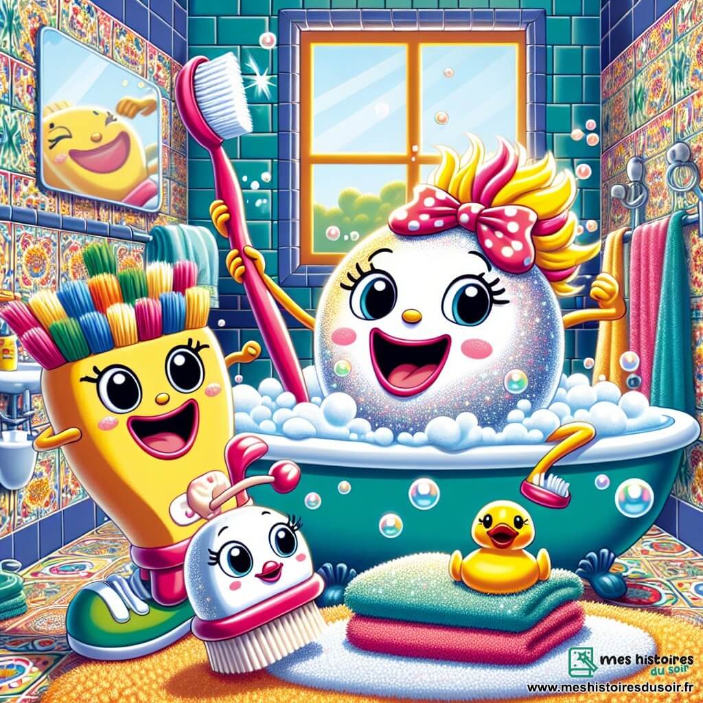 Pipou la Brosse à Dents est un personnage joyeux et coloré, avec un corps en forme de brosse et un grand sourire. Il roule sur un tapis moelleux, déterminé et excité. Savonnette, en forme de savon, est ronde et scintillante, perchée sur le bord de la baignoire, souriant en regardant Pipou. Brosse à Cheveux, aux poils en désordre et avec un petit nœud coloré, se tient à côté d'un miroir, riant. La scène se déroule dans une salle de bain lumineuse avec des motifs joyeux et un canard en plastique flottant. Pipou se prépare à relever un défi amusant, encouragé par Savonnette et Brosse à Cheveux, créant une ambiance de rires et de camaraderie.