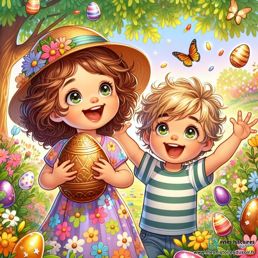 Céline, 8 ans, cheveux châtains bouclés, porte une robe à fleurs et un chapeau de soleil. Elle sourit, les yeux brillants, tenant un œuf en chocolat doré. À ses côtés, Max, son frère de 5 ans, cheveux blonds en bataille, saute de joie, émerveillé par l'œuf. Le jardin printanier est rempli de fleurs, de papillons et d'un grand chêne. Des œufs en chocolat colorés sont cachés dans les buissons. Céline et Max ont découvert un œuf doré sous le chêne et sont impatients de vivre de nouvelles aventures de Pâques.
