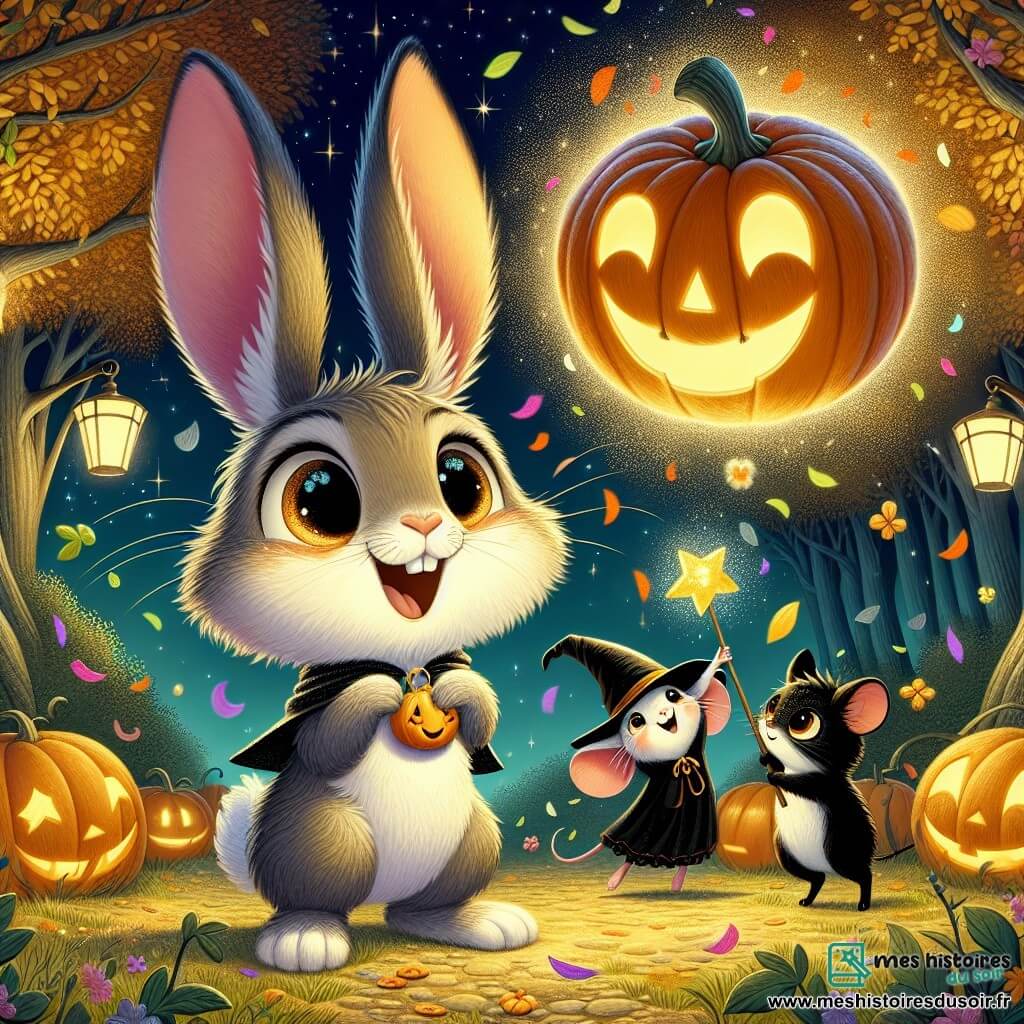 Au centre de l'image, Benjamin, un jeune lapin aux grandes oreilles et à la fourrure douce, sourit en portant un médaillon en forme de lune. Ses yeux brillent d'excitation en regardant une citrouille géante flottante entourée de confettis. À sa droite, Margot, une petite souris en costume de sorcière, saute de joie avec sa baguette levée. À gauche, un gros chat noir observe la scène avec amusement. Le décor est une clairière enchantée, illuminée par des lanternes en forme de citrouilles, avec des arbres aux feuilles dorées. La scène montre Benjamin utilisant son médaillon pour faire apparaître une citrouille flottante, entourée de créatures fantastiques célébrant Halloween.