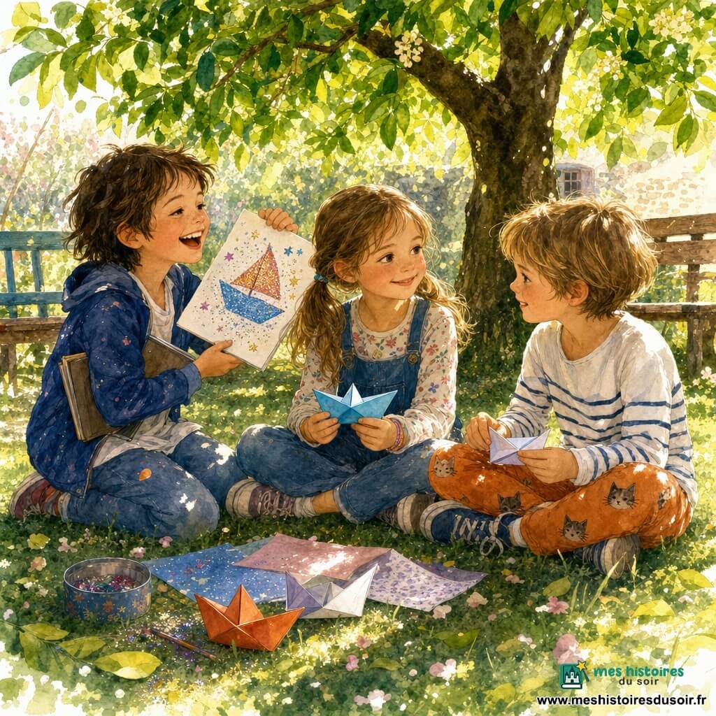 Zoé, 8 ans, visage rond, cheveux châtain clair en deux couettes, expression douce et réfléchie, sourit en tenant un petit bateau en papier bleu; Lou, aussi 8 ans, cheveux très courts, pantalon orange à motifs de petits chats, la regarde bienveillant en pliant un autre bateau à sa droite; Paul, environ 8 ans, cheveux bruns en bataille, carnet de dessins sous le bras, rit en montrant un dessin pailleté, assis légèrement derrière Zoé; la scène se déroule sous un vieux tilleul à l'ombre tachetée, en après-midi de printemps à la lumière chaude — trois enfants assis en cercle sur l'herbe, partageant des bateaux en papier dans une ambiance complice.