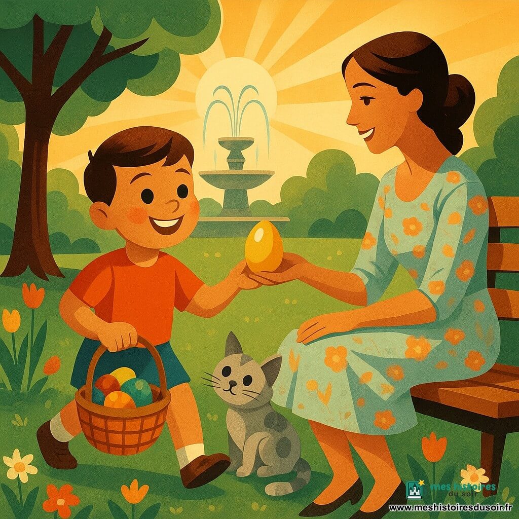 Un garçon de 4 ans au visage rond, cheveux châtains courts, yeux brillants, large sourire et joues roses, tient un petit panier coloré et regarde un œuf doré qu'il vient de trouver, posture sautillante et joyeuse ; à droite, sa maman d'environ 30 ans, cheveux bruns longs en chignon, robe pastel à motifs floraux, est assise sur un banc en bois et lui tend l'œuf en souriant tendrement ; une peluche chat grise tachetée nommée Mistigri est posée sur l'herbe proche et semble regarder l'œuf ; décor : jardin de printemps lumineux avec herbe verte, tulipes et pâquerettes, grand arbre feuillu à gauche et fontaine en pierre au fond avec jets d'eau scintillants ; scène de chasse aux œufs avec œufs en chocolat colorés cachés sous des buissons et près de l'arbre, rayons de soleil doux, ombres graphiques, palette chaude et pastel, textures stylisées art déco, composition centrée sur le garçon et le banc, ambiance joyeuse et magique.