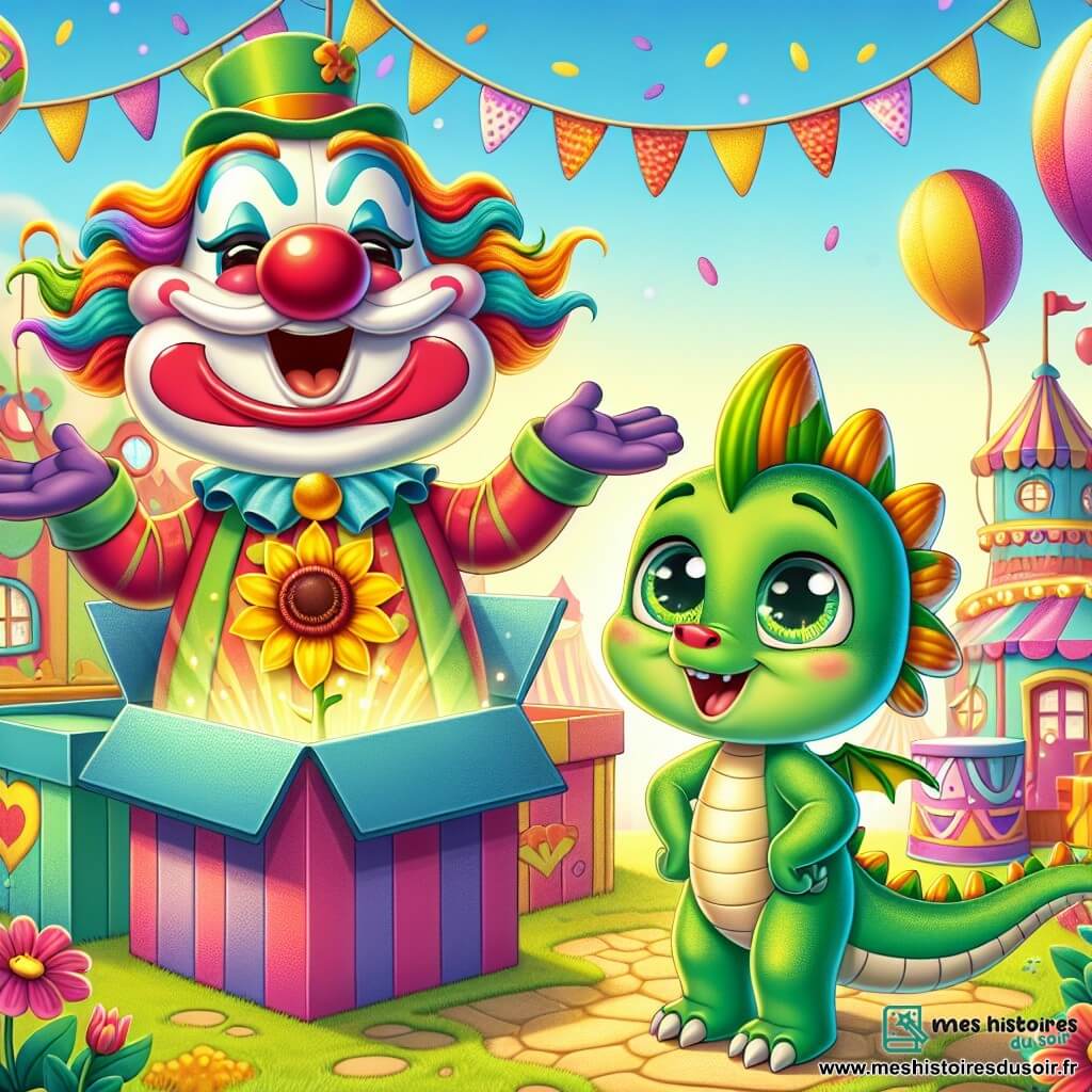 Un petit dragon vert nommé Léo, avec des écailles brillantes et des yeux curieux, se tient joyeusement devant une boîte colorée, souriant d'excitation. À côté, un clown joyeux avec un nez rouge et des cheveux multicolores rit en sortant de la boîte, bras ouverts pour accueillir Léo. Plus loin, une fleur dansante avec des pétales roses et jaunes sourit et agite ses pétales au rythme de la musique du carnaval. Le décor est un village festif rempli de ballons colorés, de guirlandes scintillantes et de confettis, sous un ciel bleu clair où le soleil se couche, projetant des ombres dorées. Léo découvre la surprise du clown, entouré de ses amis, prêts à célébrer la magie du carnaval.