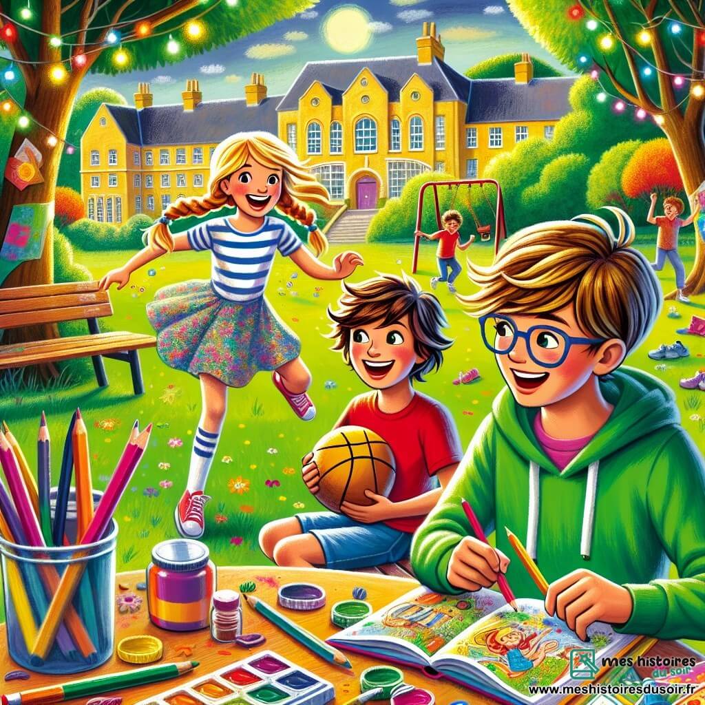 Trois personnages principaux : Tom, un garçon de 10 ans avec des cheveux châtains en bataille, portant un t-shirt rouge et un short bleu, souriant avec un ballon de foot sous le bras ; Léa, une fille de 9 ans avec de longs cheveux blonds tressés, vêtue d'une robe à fleurs colorées, riant sur une balançoire ; Max, un garçon de 10 ans avec des lunettes et des cheveux bruns, portant un sweat à capuche vert, assis sur un banc en train de dessiner dans son carnet. Le lieu est un parc coloré avec des arbres feuillus, des fleurs multicolores et des enfants jouant, créant une atmosphère joyeuse. En arrière-plan, une grande école aux murs jaunes symbolise la rentrée des classes. Les trois amis se préparent pour la rentrée, Tom et Léa discutant de leurs projets tandis que Max, nerveux, se concentre sur son dessin, illustrant leur amitié.