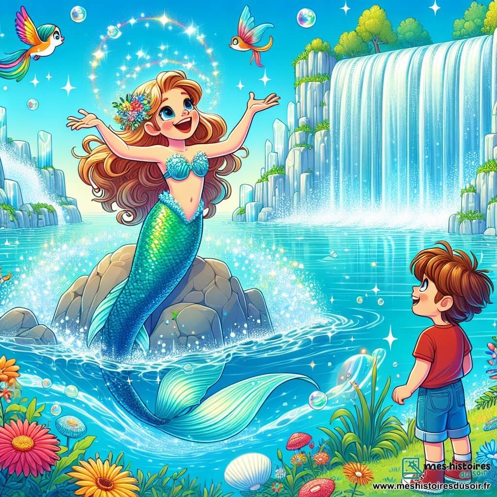 Une sirène nommée Mélina, avec des écailles turquoise et des cheveux longs, nage joyeusement dans une cascade d'eau cristalline. Elle chante une mélodie enchanteresse, entourée de bulles d'eau. À proximité, Léo, un garçon de dix ans aux cheveux bruns et aux yeux curieux, se tient sur un rocher, émerveillé par Mélina. Ils se trouvent sur une île flottante illuminée, avec des cascades et des fleurs colorées. La scène montre Mélina chantant tandis que Léo s'approche d'elle, prêt à découvrir ce royaume fantastique.