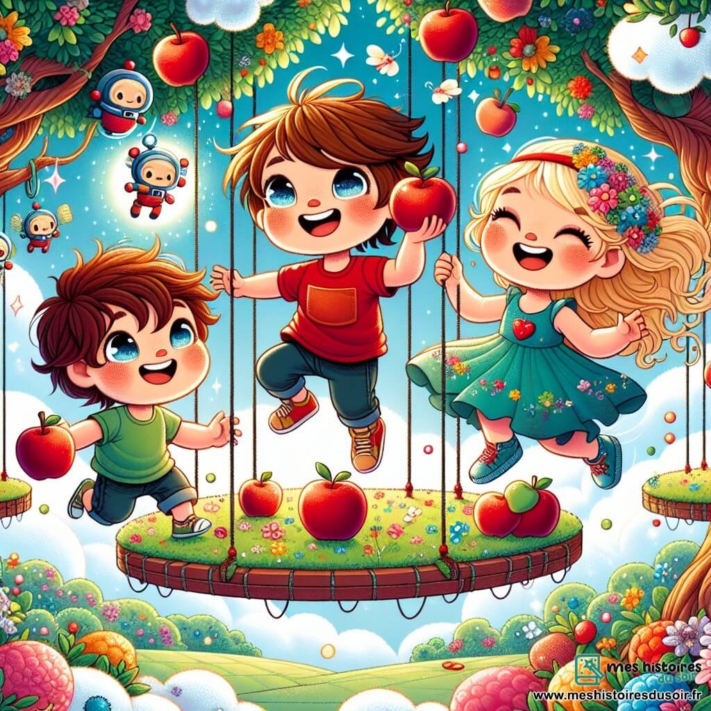 Dans un jardin suspendu, trois amis s’amusent. Milo, un garçon de quatre ans avec des cheveux bruns et un t-shirt rouge, saute sur une plateforme avec une pomme rouge. À côté, Léo, également âgé de quatre ans, grimpe sur un nuage de coton. Zoé, une petite fille en robe bleue, rit en sautant d'une plateforme à l'autre, entourée de fleurs colorées. Le jardin est magique, avec des arbres luxuriants, des plateformes fleuries et des fruits brillants. Les trois amis cueillent des pommes en dansant et en riant, profitant d'une journée ensoleillée remplie de joie et d’amitié.