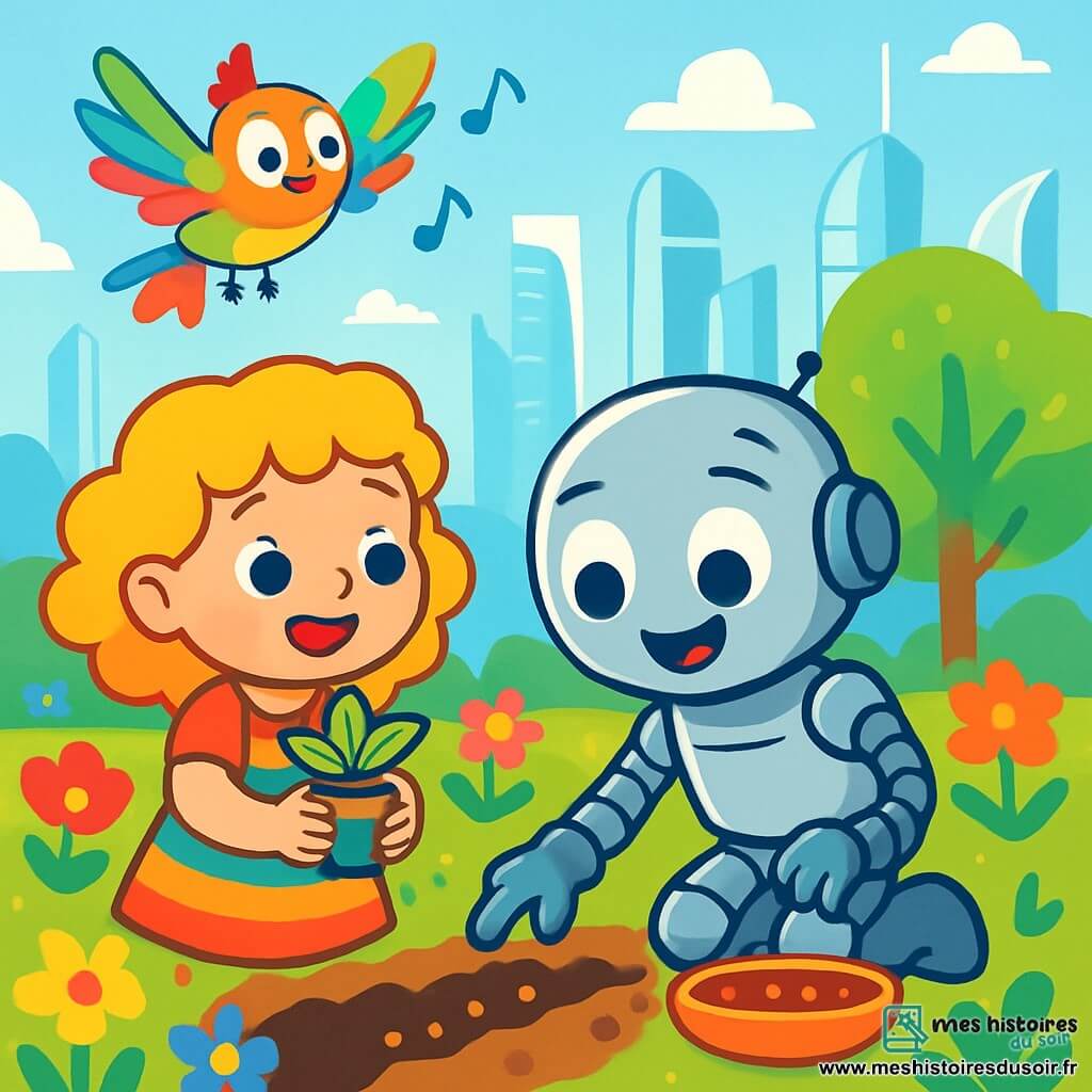 Zippy, un petit robot aux yeux ronds et brillants, avec un corps argenté et des bras articulés, sourit en plantant des graines dans un jardin futuriste. Mia, une petite fille aux cheveux bouclés et dorés, regarde Zippy avec joie, tenant une petite plante. Pipo, un drone-oiseau aux plumes multicolores, virevolte joyeusement au-dessus d'eux. Ils se trouvent dans un parc lumineux de la ville de Luminia, avec des tours en verre scintillantes et des fleurs éclatantes. Zippy et Mia travaillent ensemble pour créer un robot-jardin, entourés de fleurs colorées, tandis que Pipo danse dans le ciel.