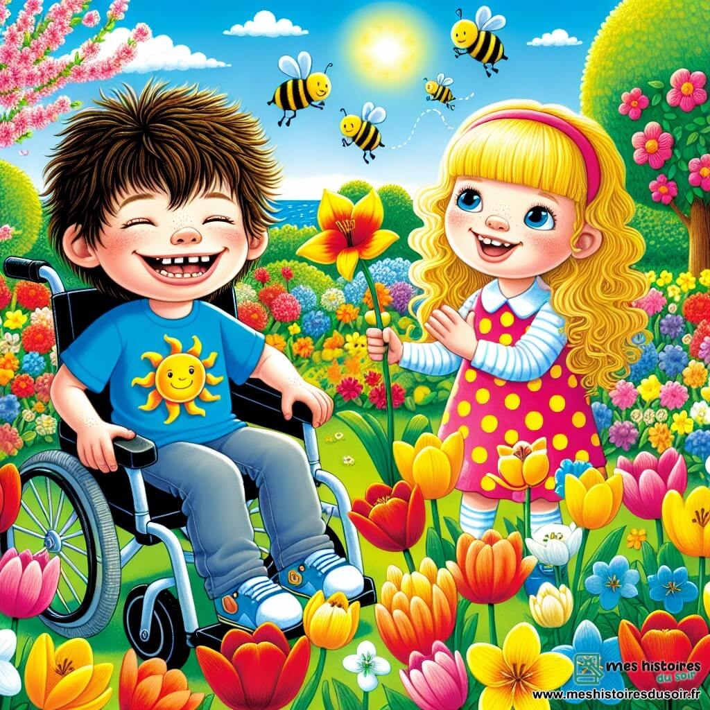 Deux enfants, Lucas et Emma, se tiennent dans un jardin coloré. Lucas, un garçon de sept ans, est en fauteuil roulant, souriant et portant un t-shirt bleu. Emma, également sept ans, est à ses côtés avec des boucles dorées et une robe rose à pois, tenant une abeille en papier. Le jardin regorge de fleurs multicolores sous un ciel bleu parsemé de nuages. Ils célèbrent le printemps avec leurs camarades, partageant rires et histoires sur la nature.
