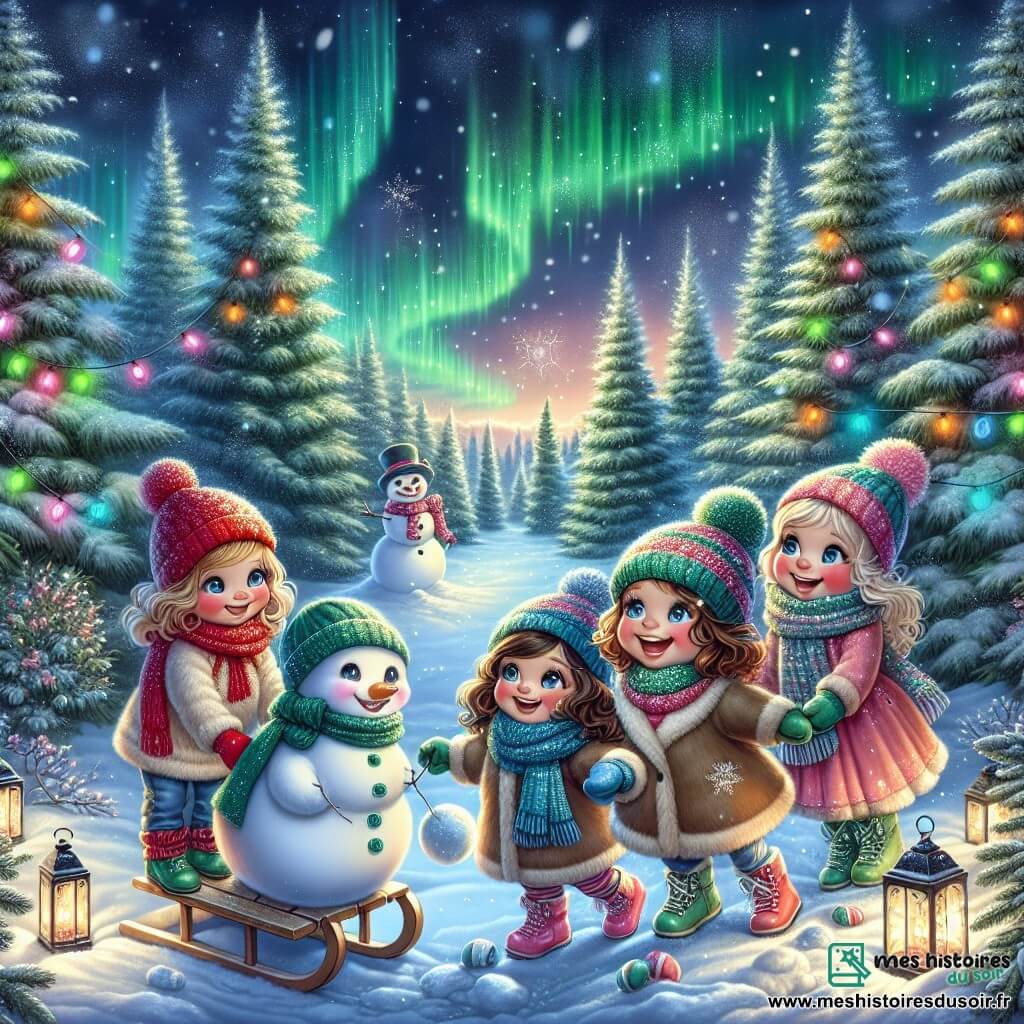 Quatre petites filles de 8 à 10 ans se tiennent joyeusement au centre de la scène. Emma, avec son bonnet rouge et des joues roses, rit en poussant la luge de Clara, qui porte une écharpe bleue. Lila, avec des cheveux bouclés, tient une boule de neige, tandis que Zoé, avec ses lunettes, observe la scène. Le décor est une clairière hivernale enchantée, entourée d'arbres recouverts de givre sous un ciel crépusculaire avec des aurores boréales. La neige recouvre le sol, et des lanternes colorées illuminent l'endroit. Les filles construisent un bonhomme de neige ensemble, riant et s'amusant, tandis que des flocons de neige tombent doucement autour d'elles.