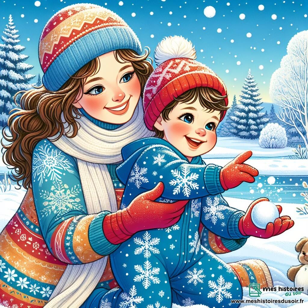 Un petit garçon de 1 an, Lucas, est assis dans la neige, souriant. Il porte une combinaison bleue avec des flocons de neige et un bonnet rouge. À côté de lui, sa maman, une femme d'environ 30 ans avec des cheveux bruns et bouclés, lui lance une boule de neige en riant. Elle est vêtue d'un manteau chaud et coloré, penchée vers lui. Le paysage est hivernal, avec des arbres enneigés et un lac gelé en arrière-plan. Lucas, les bras levés, s'apprête à attraper la boule de neige, son visage rayonnant de joie.