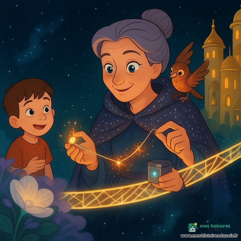 Maïra, guérisseuse sereine au chignon gris-prune, porte une cape de filaments lumineux et tient une petite boîte vibrante tandis qu'elle tisse un fin fil d'argent pour recoudre la passerelle lumineuse entre un jardin flottant aux grandes fleurs lunaires et une cité de tours solaires dorées; un oiseau de cuivre inquiet est sur son épaule et, au premier plan à gauche, un garçon d'environ huit ans tend timidement un petit caillou-lampion doré; le pont de lumière surplombe un vide étoilé ponctué de nébuleuses turquoise et de poussières noires tombantes, les fleurs reprennent couleur et les tours vibrent, ambiance magique aux tons chauds mêlés de bleus profonds, style doux et enfantin.