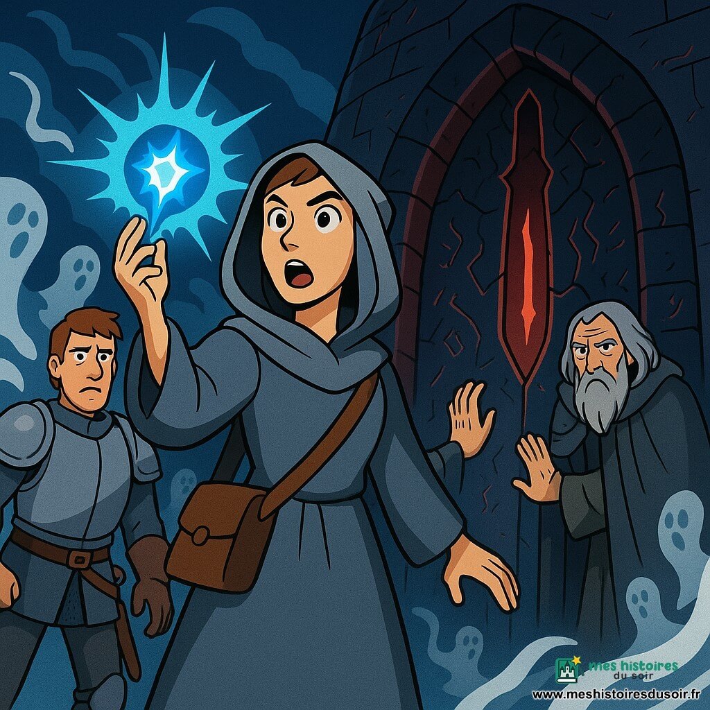 Constanthardi, femme scribe concentrée et déterminée, robe grise à capuche, carnet en bandoulière, tient une météore bleue scintillante devant une énorme arche d'ardoise noire (la Porte de Hal) aux fissures runiques rougeoyantes; elle est au centre, droite, bouche entrouverte, lumière bleue pulsant autour de sa main. Sir Dérion, homme d'une trentaine d'années en armure cabossée et épée courte, est en avant à gauche, inquiet et protecteur. Aeldrin, personnage ancien et majestueux en grand manteau gris aux yeux d'aurore, pose une main sur la pierre à droite, visage grave et fatigué. Une brume blanche tourbillonne autour d'eux et de petites silhouettes vaporeuses (les Sans-Noms) se dissolvent sous la lumière; ambiance dramatique mais accessible, contrastes bleus électriques, rouges profonds et tons gris/noirs, style cartoon années 90, composition centrée sur Constanthardi et l'arche avec éclairage dramatique et émotions lisibles.