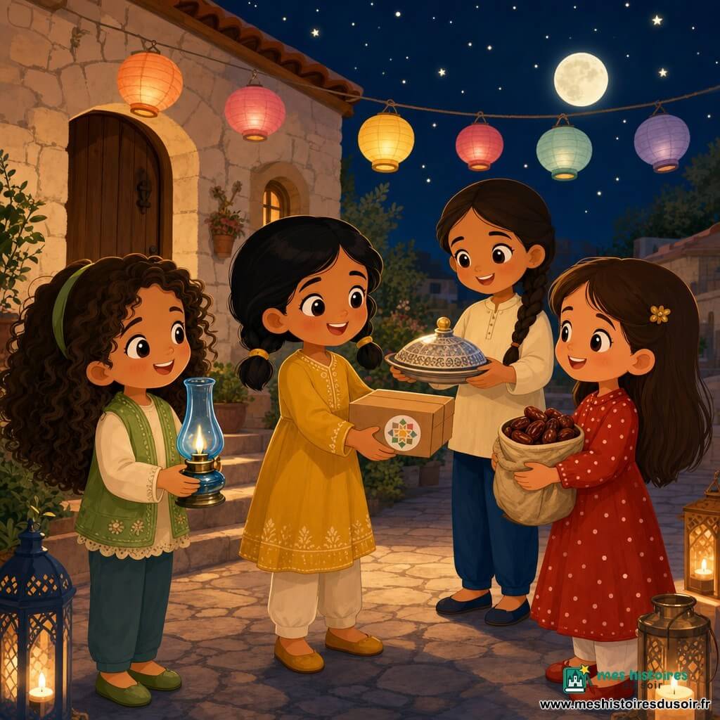 Quatre filles de six ans — Amira (deux couettes, robe jaune moutarde, au centre, tend une petite boîte en carton "merci"), Éléna (cheveux bouclés châtains, gilet vert clair, à gauche, tient une lampe à huile en verre bleu), Lila (cheveux lisses bruns, robe rouge à pois blancs, à droite, porte un sac en tissu rempli de dattes) et Noor (cheveux tressés, pantalon bleu marine et chemise crème, derrière Amira, pose une assiette couverte) — offrent des repas emballés à des voisins devant une petite maison en pierre au soir, porte en bois brun et trottoir pavé, lampions en papier et petites bougies éclairant une lune ronde dans un ciel bleu foncé ; ambiance de partage nocturne, couleurs chaudes, ombres douces et style flat design.