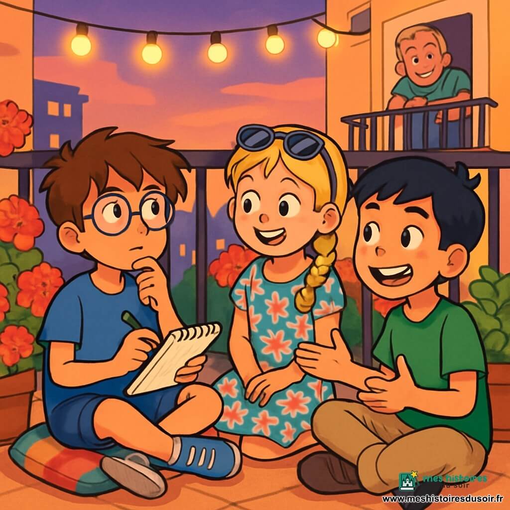 Il y a trois personnages : Maxime, un garçon de 10 ans avec des cheveux bruns en bataille et des lunettes rondes, assis sur un coussin coloré avec un carnet et un stylo, l'air pensif ; Léa, une fille de 9 ans avec des cheveux blonds tressés et des lunettes de soleil, souriante à côté de Maxime ; et Ilyès, un garçon de 10 ans avec des cheveux noirs et des taches de rousseur, assis en face de Maxime, enthousiaste. Ils se trouvent sur un balcon fleuri, entouré de géraniums rouges et de menthe, avec un ciel mauve et orange et des guirlandes lumineuses. Les amis discutent joyeusement de leurs réussites et doutes, partageant rires et sourires, tandis qu'un voisin les observe.