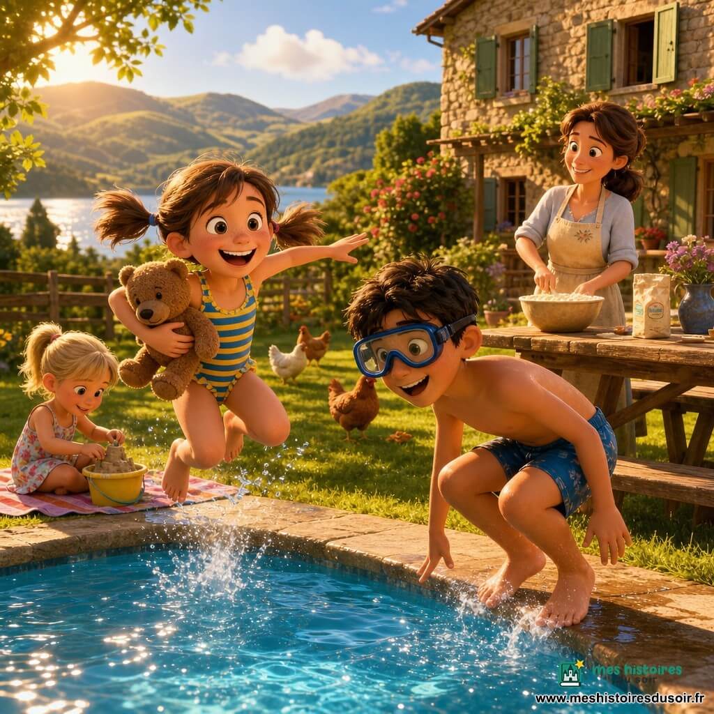 Scène estivale dans le jardin d'une maison de campagne : une fille de 8 ans, joyeuse, cheveux bruns en couettes, taches de rousseur, en maillot rayé bleu et jaune tenant son ours en peluche et sautant vers la piscine ; son frère d'environ 10 ans, teint hâlé, cheveux courts noirs, lunettes de plongée, prêt à plonger avec des éclaboussures ; une sœur de 6 ans, cheveux blonds en queue de cheval, robe à fleurs, assise sur une serviette faisant un château de sable ; la mère (≈35 ans), cheveux châtain attachés, tablier léger, près d'une table de pique-nique préparant de la pâte, les regardant avec bienveillance, pelouse verte, piscine bleue, vieille maison en pierre aux volets verts, poules, collines et lac au loin, ambiance ensoleillée, rires, éclairage doré, rendu style film d'animation 3D aux couleurs vives et textures douces.