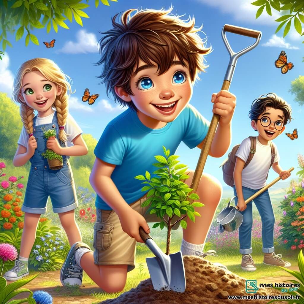 Lucas, un garçon de 8 ans aux cheveux bruns en bataille et aux yeux curieux, plante un petit arbre dans un jardin ensoleillé. Il porte un t-shirt bleu et un short beige, affichant une grande fierté. À ses côtés, sa meilleure amie Léa, avec des cheveux blonds tressés et un sourire radieux, l'encourage avec une pelle à la main. Plus loin, Maxime, également âgé de 8 ans, aux cheveux châtains et lunettes rondes, observe en tenant un arrosoir. Le jardin est fleuri et verdoyant, avec des papillons et un ciel bleu parsemé de nuages. La scène montre Lucas et ses amis unis dans leur mission de planter des arbres, symbolisant leur engagement pour la nature.