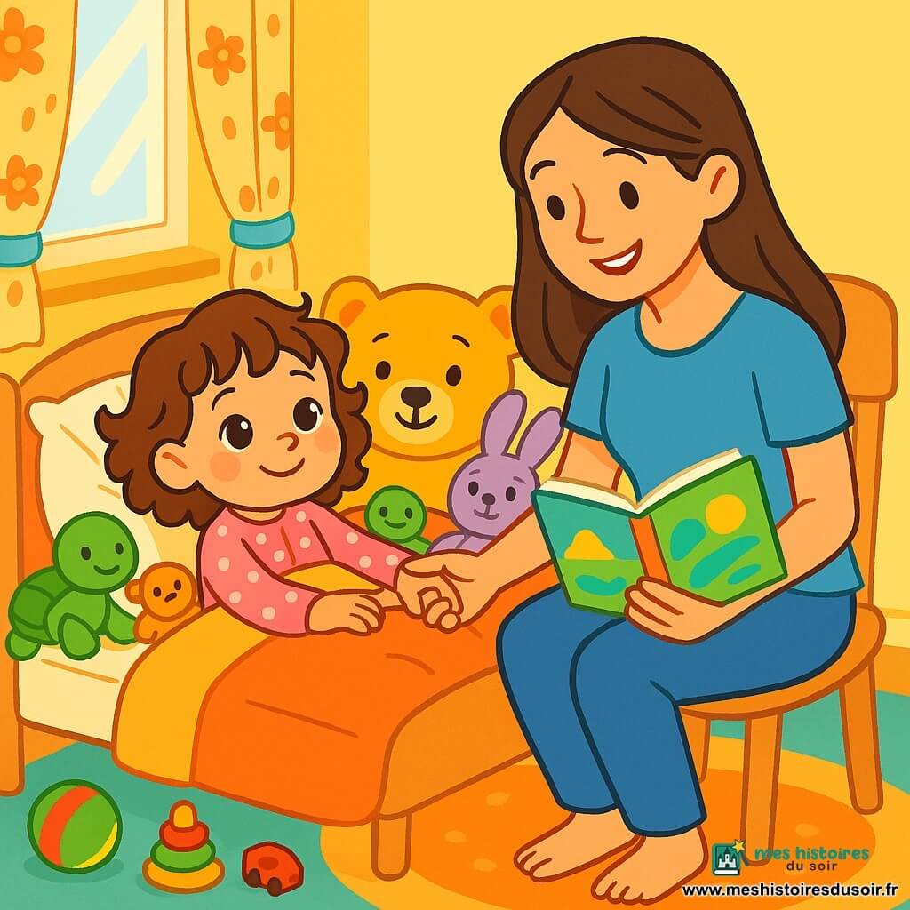 Lila, une petite fille de 4 ans aux grands yeux brillants et au sourire doux, est allongée dans son lit douillet, entourée de peluches colorées. Elle porte un pyjama rose à pois et a les cheveux châtains bouclés. Son visage rayonne de joie et de sérénité, indiquant qu'elle se sent mieux après sa maladie. À ses côtés, sa maman, une femme d'une trentaine d'années aux cheveux longs et bruns, lui tient la main avec tendresse tout en lui lisant une histoire. La chambre est lumineuse et accueillante, avec des murs jaune pastel et des jouets éparpillés, créant une atmosphère joyeuse. Lila, heureuse et aimée, est prête à plonger dans un monde d'histoires et de rêves.