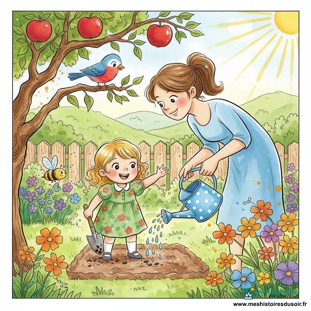 Une fillette de 6 ans, boucles blondes, robe verte à fleurs, plante des graines avec une petite pelle pendant que sa maman d’environ 30 ans, cheveux châtains attachés, l’arrose avec un arrosoir bleu à pois ; un oiseau rouge et bleu perché sur une branche basse du vieux pommier, une abeille jaune et noire vole près d’une fleur orange ; jardin ensoleillé au pied du pommier, sol humide, parterres multicolores, clôture en bois clair et collines vertes en arrière-plan, ambiance chaleureuse, couleurs vives, traits encreux et textures aquarelle.