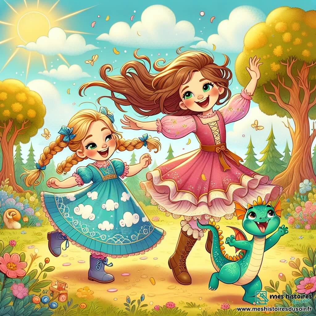 Dans une clairière ensoleillée de la forêt enchantée, deux petites filles, Lila et Mia, dansent joyeusement. Lila, 7 ans, porte une robe rose à volants et a de longs cheveux bruns. Mia, également 7 ans, est vêtue d'une tunique bleue avec des motifs de nuages et a des cheveux blonds en tresses. Non loin, un petit dragon vert nommé Grignote, âgé de 3 ans, se tient sur ses pattes arrière, tenant un bonbon dans ses griffes. La clairière est entourée d'arbres majestueux aux feuilles dorées et de fleurs colorées. Lila, Mia et Grignote partagent des rires et des bonbons, créant une atmosphère joyeuse dans ce monde fantastique.