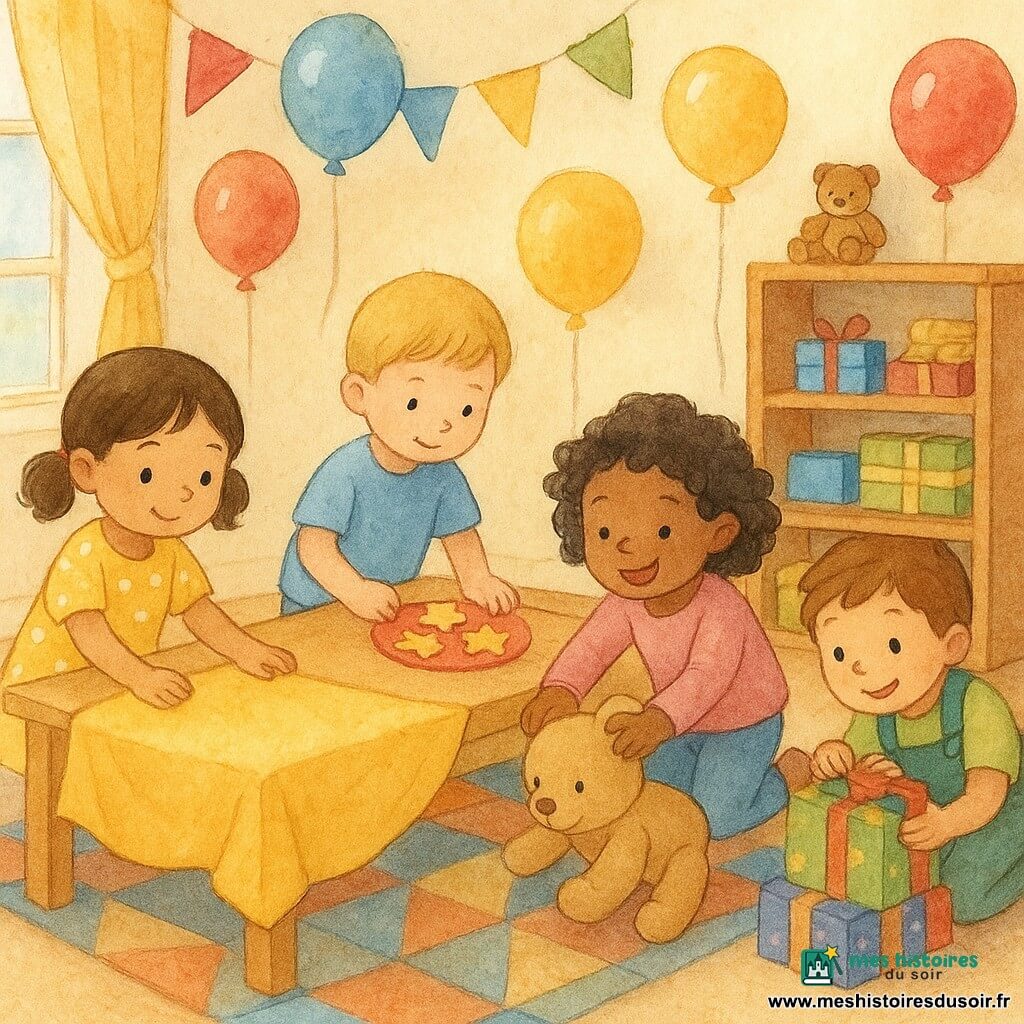 Quatre enfants préparent une fête d'anniversaire dans un salon chaleureux : Lila (≈5 ans), cheveux bruns en petites couettes, robe jaune à pois, étale une grande nappe; Max (≈5 ans), cheveux blonds, t-shirt bleu ciel, dispose des petits gâteaux étoile sur une assiette rouge; Zoé (≈4 ans), cheveux noirs bouclés, pull rose, sur le tapis tient un ours en peluche qu'elle fait rouler; Tom (≈6 ans), cheveux châtain, salopette verte, cache des paquets colorés sous la table avec malice. La pièce, éclairée par une grande fenêtre à gauche, a des murs crème, guirlandes, ballons rouges, jaunes et bleus, une grande table en bois clair sur un tapis géométrique et des petites chaises colorées; ambiance joyeuse aux tons pastel doux, textures aquarelle et expressions d'amitié, composition centrée sur la table.