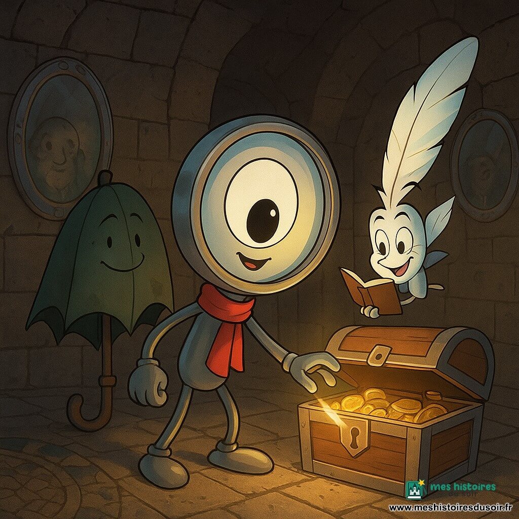 Archibald, une loupe anthropomorphisée en métal brillant au grand œil rond, petite bouche souriante et fine écharpe rouge, éclaire une serrure d’un faisceau doré et tend une petite main métallique vers un coffre en bois ; Plume, une plume d’écrivain animée blanche aux reflets bleus et dorés, aux yeux malicieux, plane à sa droite en annotant avec un minuscule carnet ; le vieux Parapluie, grand et courbé au tissu vert foncé usé, se tient à gauche contre un mur de pierre, visage rassurant formé par les coutures ; le tout se déroule dans une salle souterraine étroite et circulaire aux murs de pierre grise et mosaïques partiellement visibles, miroirs encadrés d’argent reflétant des images déformées, tandis qu’Archibald et Plume ouvrent le coffre central révélant des objets dorés et des pièces anciennes brillant sous la lueur chaude de la lentille.