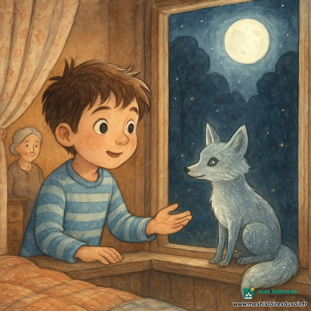 Un garçon de 8 ans en pyjama rayé bleu, cheveux bruns en bataille et regard émerveillé, ouvre légèrement la fenêtre et tend la main vers un petit loup argenté posé sur le rebord extérieur ; en arrière-plan sa grand-mère d’environ 70 ans, cheveux gris en chignon, sourit tendrement près d’une commode dans une chambre en bois aux rideaux à fleurs et couverture tricotée, la pleine lune éclaire la scène de reflets argentés tandis que la forêt sombre et arrondie derrière la fenêtre scintille de quelques lucioles.