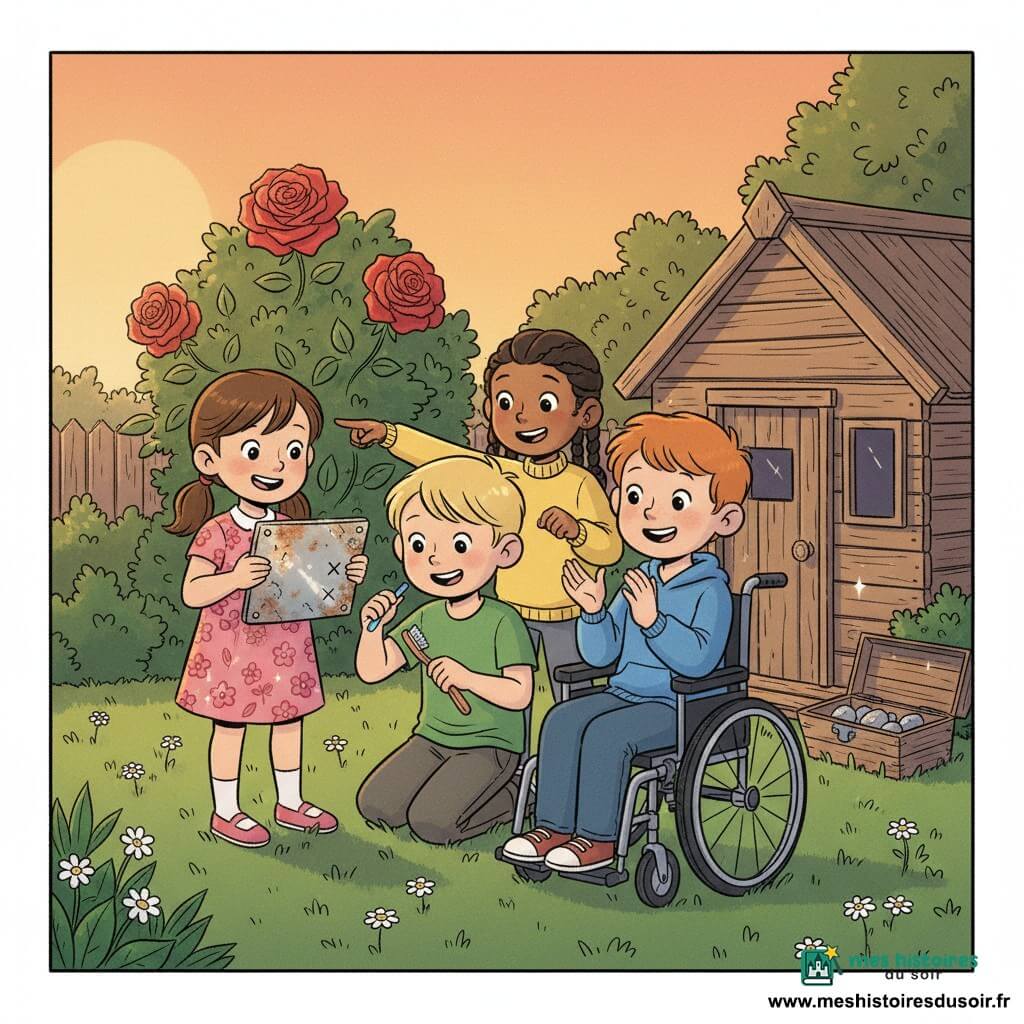 Quatre enfants dans un jardin familial au crépuscule : Lina, ~6 ans, cheveux bruns en couette, robe à fleurs roses, tient devant elle une vieille plaque métallique brillante (à gauche) ; Noé, ~6 ans, cheveux blonds courts, t-shirt vert, s'agenouille au centre et frotte la plaque avec une brosse à dents de jeu ; Maya, ~5 ans, cheveux noirs en tresse, pull jaune, sourit et montre une flèche gravée sur la plaque, juste derrière Noé ; Sam, ~6 ans, cheveux roux, sweat bleu, garçon en fauteuil roulant à roulettes, applaudit joyeusement à droite, près de Lina. La plaque porte un X et une flèche pointant vers une petite cabane en bois rustique à droite ; herbe verte parsemée de pâquerettes, grand rosier rouge en arrière-plan, boîte en bois près de la cabane avec quelques cailloux brillants visibles, lumière chaude orange du soleil couchant, ambiance d'émerveillement et de joie, métal légèrement rouillé qui brille.