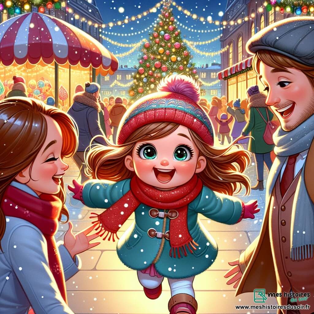 Une petite fille de 3 ans, avec de grands yeux brillants et des joues roses, porte une écharpe rouge et un bonnet en laine. Elle sourit et court vers ses parents. Sa maman, une femme d'une trentaine d'années avec de longs cheveux bruns et un manteau bleu clair, l'accueille les bras ouverts. Son papa, un homme barbu avec un bonnet en laine, sourit à côté d'elle. Le marché de Noël est animé, rempli de stands décorés de guirlandes lumineuses, avec des flocons de neige tombant doucement et des gens dansant autour d'un grand sapin décoré. La scène montre la petite fille courant vers ses parents, créant une atmosphère festive et joyeuse.