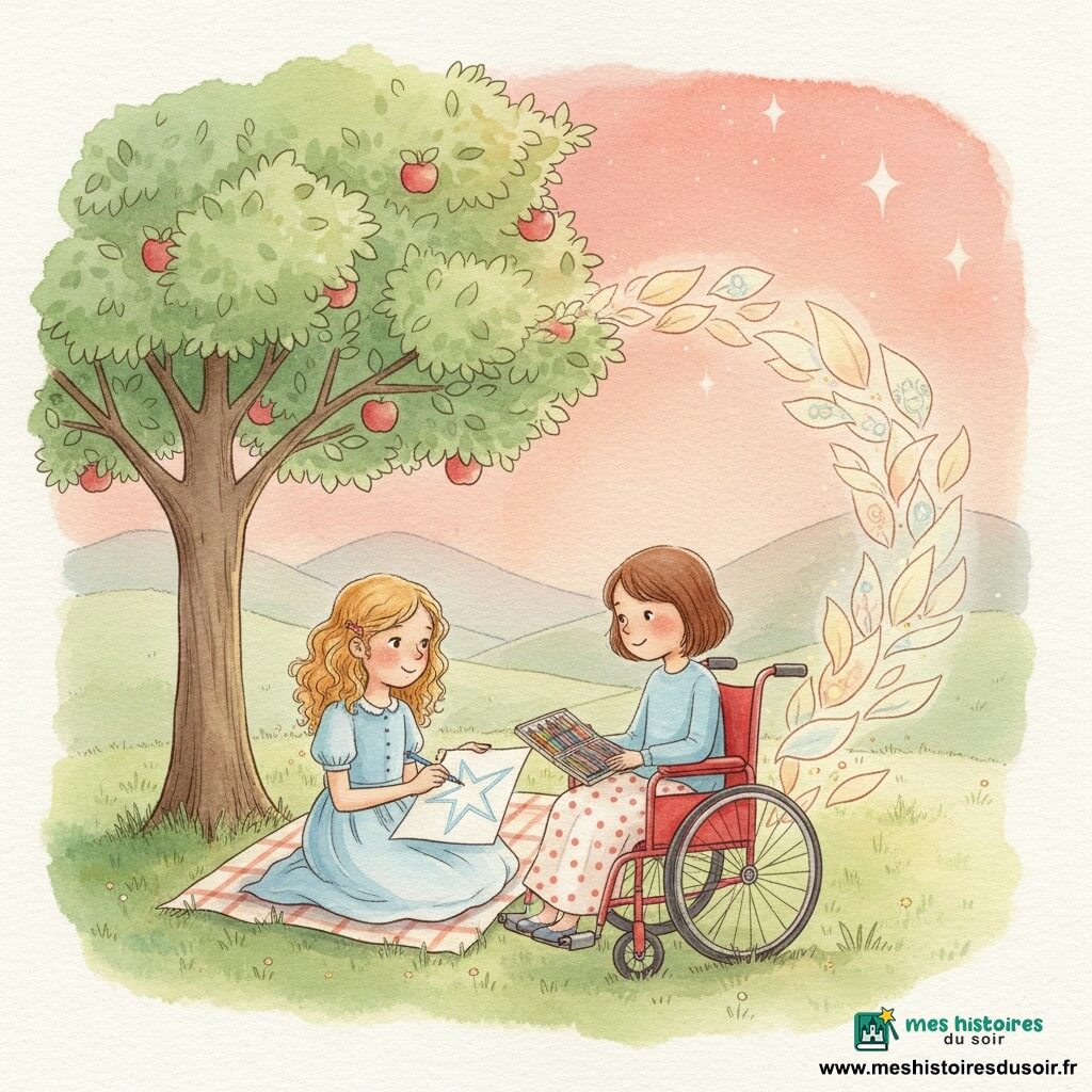 Deux fillettes d’environ 7 ans : Lila, cheveux bouclés dorés en robe bleu clair, assise à gauche sous un pommier, dessine une grande étoile au crayon bleu ; Zoé, cheveux châtains courts, en fauteuil roulant rouge avec une petite couverture à pois à droite, lui tend une boîte de crayons en souriant. Scène dans un jardin au crépuscule : grand pommier aux feuilles vert tendre et pommes rouges, herbe douce, couverture à carreaux, collines lointaines et ciel rose-orangé, quelques feuilles-papiers s’envolent. Elles échangent des promesses écrites sur des feuilles qui s’élèvent comme des oiseaux et forment un pont lumineux vers le ciel étoilé. Style aquarelle douce aux pastels chauds, textures papier granuleuses, contours légers, expressions tendres, ambiance magique et rassurante, détails nets pour visages, fauteuil et feuilles flottantes.