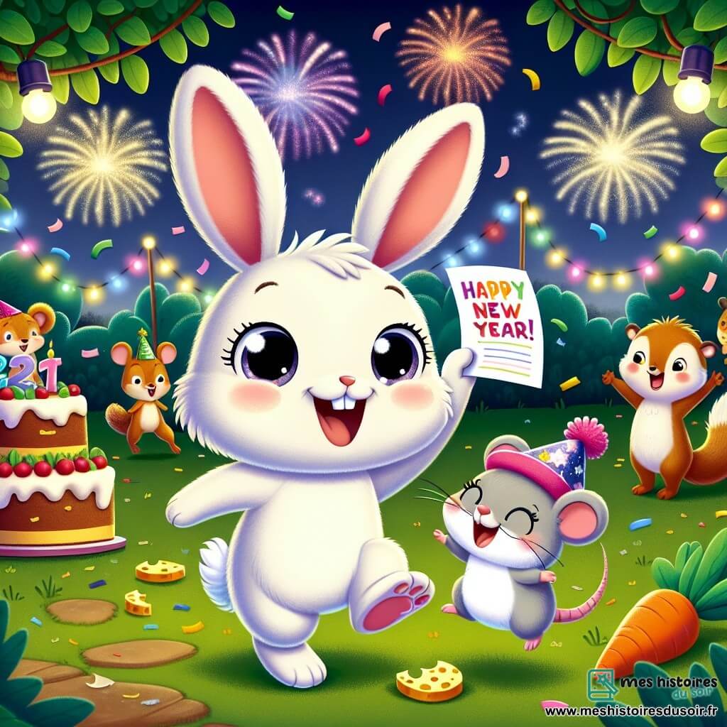Illustration d'un petit lapin joyeux au pelage blanc et aux grandes oreilles, sautillant de bonheur lors d'une fête du Nouvel An, tenant une feuille de papier colorée avec ses résolutions. À ses côtés, une petite souris grise en chapeau rose danse, tenant un morceau de fromage. En arrière-plan, un parc illuminé par des feux d'artifice, avec des arbres et des guirlandes de lumières. Des amis animaux, comme un hérisson et un écureuil, s'amusent autour d'un grand gâteau de carottes, riant et chantant ensemble. La scène montre le lapin et ses amis célébrant le Nouvel An, entourés de rires, de feux d'artifice et de confettis colorés.