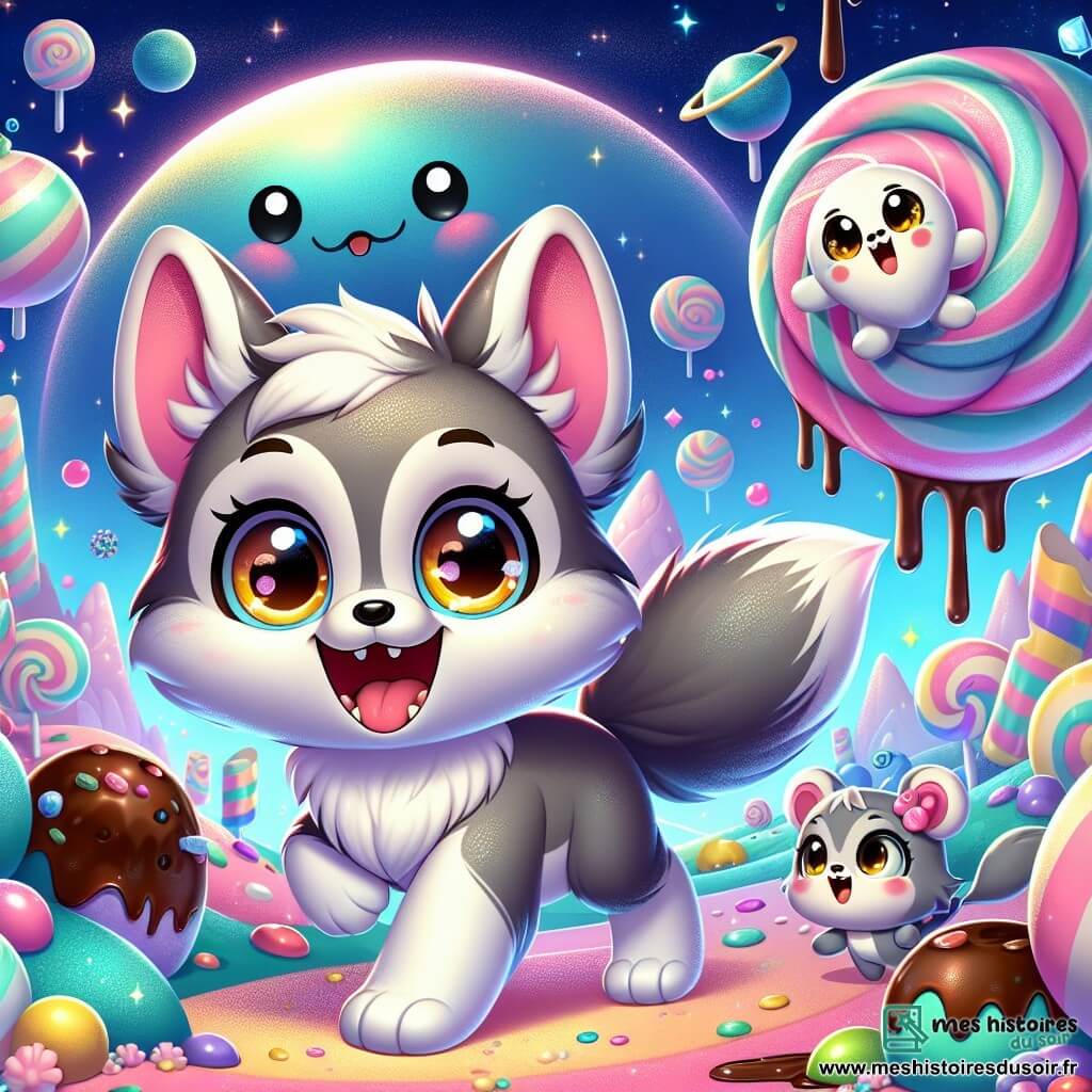 Au centre de l'image, Loupou, un petit loup aux yeux brillants et au pelage soyeux, se tient sur une planète colorée en forme de bonbon, souriant d'émerveillement avec un fruit sucré dans sa patte. À côté, Mia, une petite souris grise aux grandes oreilles, saute de joie en pointant une rivière de chocolat. Titi, un robot rond avec un écran en forme de visage souriant, flotte au-dessus du sol, observant le paysage. En arrière-plan, des arbres en guimauve pastel et des montagnes en sucre d'orge se dressent sous un ciel étoilé, créant une atmosphère magique. Loupou et ses amis découvrent ce monde sucré, remplis de joie et d'émerveillement, prêts à explorer les délices.