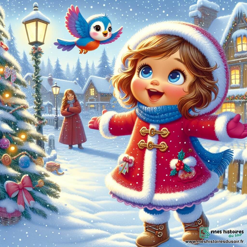 Une petite fille de 1 an, Zoé, aux joues roses et aux cheveux bouclés, sourit avec émerveillement dans un paysage enneigé. Elle porte un manteau rouge vif avec une capuche en fourrure blanche et ses petites bottes sont recouvertes de neige. À côté d'elle, un oiseau bleu chante joyeusement. En arrière-plan, sa maman, une femme d'environ 30 ans avec de longs cheveux bruns, la regarde avec tendresse près d'un grand sapin décoré. Le lieu est un village enneigé avec des maisons en bois et des lumières scintillantes. Zoé, émerveillée par la magie de Noël, court vers sa maman tandis que l'oiseau bleu vole autour d'elle.