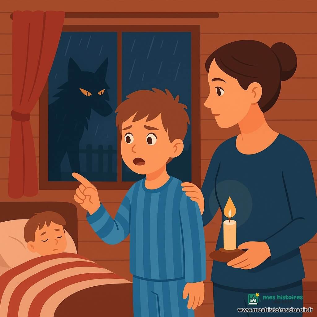 Un garçon de 10 ans au visage rond et cheveux châtain clair en bataille, en pyjama bleu à rayures, chuchote à sa mère en se tenant sur la pointe des pieds et pointant la fenêtre ; la mère (≈34 ans) au visage doux et cheveux bruns en chignon le touche à l'épaule et tient une petite bougie qui éclaire leurs visages ; un petit frère endormi (≈3 ans) est visible en arrière-plan ; à l'extérieur, à travers une fenêtre embuée et pluvieuse, se dessine la silhouette fine et anguleuse d'un loup aux yeux jaunes et fourrure noire ; intérieur en bois aux tons chauds (orange, brun, rouge) contrastant avec la nuit froide dehors (bleu foncé, gris, noir), composition serrée, ambiance dramatique mais rassurante, style plat aux formes simples, contours nets et éclairage contrasté bougie/nuit.