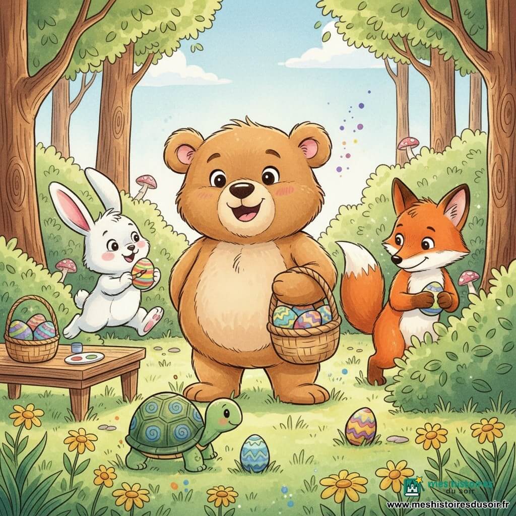 Petit Ours, un ours en peluche brun clair au sourire joyeux, tient un panier d'œufs peints au centre; Lapin Malin, petit lapin blanc aux grandes oreilles roses, peint un œuf rayé à gauche; Renard Rusé, renard roux malicieux mais gentil, cache un œuf scintillant dans un buisson à droite; Tortue Tranquille, petite tortue verte à carapace bleutée, observe un œuf dans l'herbe devant Petit Ours; scène de chasse aux œufs dans un jardin forestier ensoleillé avec herbe verte, fleurs jaunes et mauves, arbres texturés, quelques champignons et ciel pâle, ambiance chaleureuse et colorée, aquarelle douce.