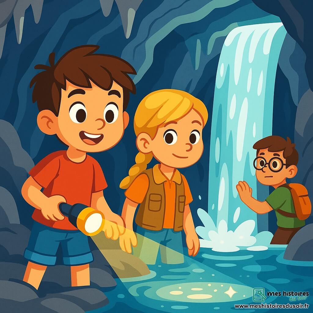 Un garçon de 8 ans nommé Louis se tient au bord d'une cascade souterraine, les yeux brillants de curiosité. Il a des cheveux bruns en bataille, un t-shirt rouge et un short en denim, tenant une lampe torche. À ses côtés, Zoé, une fille de 8 ans avec des cheveux blonds tressés et un sourire déterminé, porte un gilet d'exploration et observe la cascade. Tom, un garçon de 9 ans musclé avec des lunettes et un t-shirt vert, examine la paroi rocheuse, prêt à aider. La scène se déroule dans une grotte mystérieuse avec des stalactites et des murs de pierre grise, où l'eau de la cascade tombe dans un bassin cristallin. Les enfants se préparent à traverser la cascade rugissante, un défi qui met à l'épreuve leur courage et leur amitié.