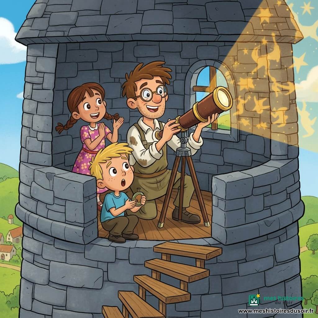 Un inventeur souriant aux lunettes rondes et blouse tachée d'huile, cheveux bruns en bataille, ajuste une petite lampe à l'intérieur d'un télescope artisanal en métal et bois pointé vers la fenêtre; à côté, un garçon d'environ 8 ans, blond aux taches de rousseur, accroupi, bouche en "O", tient une pile et regarde le télescope; derrière lui, une fille d'environ 6 ans, brune en couettes et robe à fleurs, applaudit, yeux brillants; le sommet d'une tour de guet en pierres grises avec escalier en colimaçon en bois et petites fenêtres arquées laisse voir des collines et un village, la lampe projette des ombres d'étoiles et d'animaux orangées sur les murs; composition centrée sur le trio, angles légèrement inclinés, traits simples, palette vive, ambiance chaleureuse et d'émerveillement.