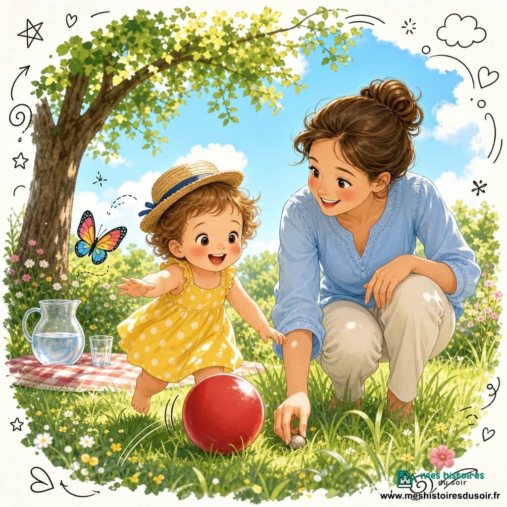 Une fillette de deux ans, rieuse, cheveux châtain clair en petites boucles, joue pieds nus sur une pelouse verte en poussant un ballon rouge et regardant un petit papillon multicolore ; elle porte une robe jaune à pois blancs et un chapeau de paille de travers, joues rosées et yeux curieux. Sa mère, environ 30–35 ans, cheveux bruns en chignon, accroupie à côté d’elle et souriante, tend la main pour enlever un petit caillou ; elle porte une blouse bleu ciel. Scène estivale lumineuse sous un grand arbre feuillu, herbe haute et taches de lumière, ciel bleu avec quelques nuages, une carafe d’eau et un verre sur une couverture à carreaux — instant tendre et simple, ambiance chaleureuse aux couleurs vives et formes douces, rendu très enfantin.