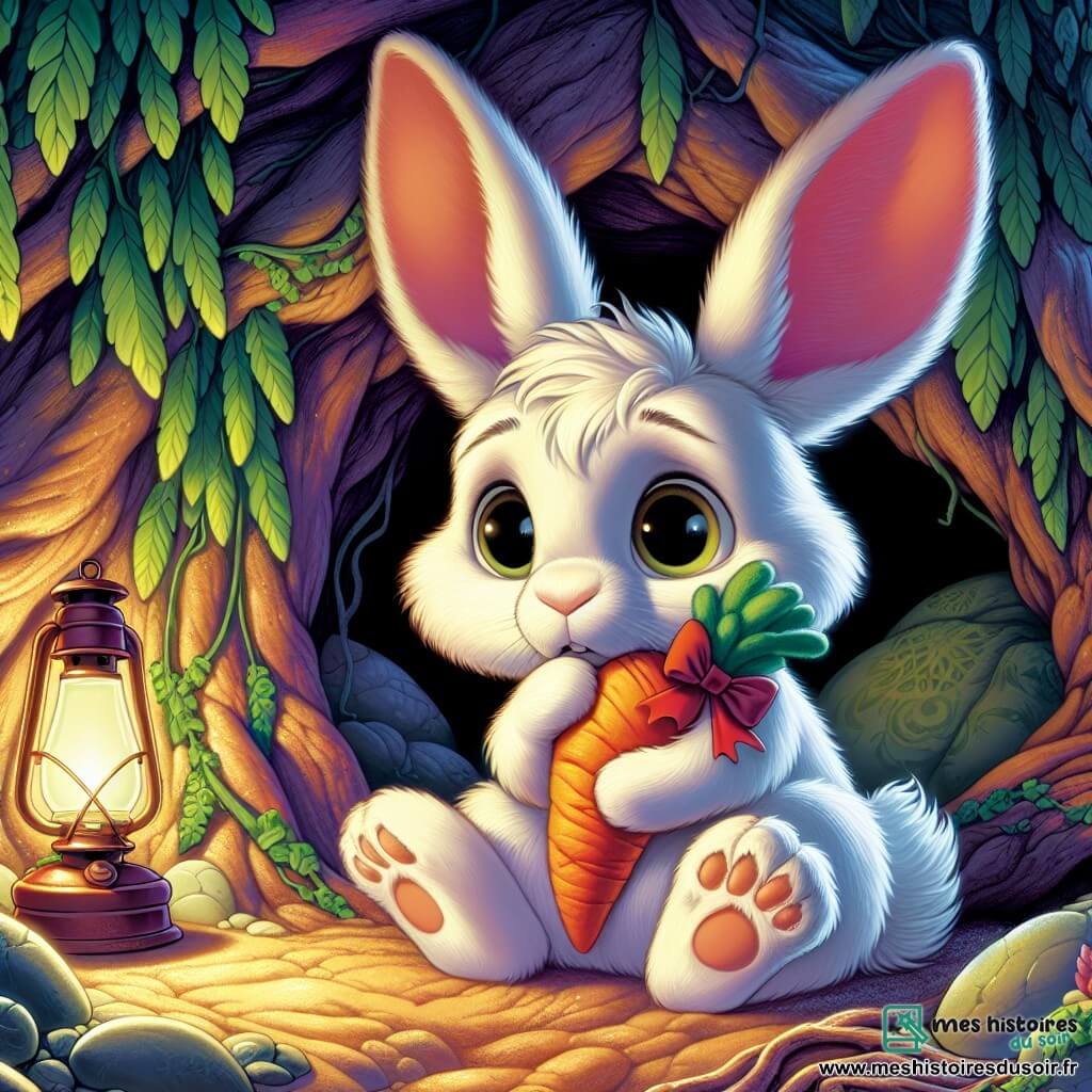 Léo, un jeune lapin aux grandes oreilles blanches, est assis dans son terrier, serrant une peluche carotte. Ses yeux brillants trahissent une légère peur. À côté de lui, sa maman lapin au pelage brun clair le regarde tendrement, lui offrant du réconfort. Le terrier, rempli de racines et de petites pierres, est éclairé par une lampe à huile, créant une atmosphère chaleureuse et mystérieuse. Inquiet, Léo observe son environnement, ses oreilles dressées, tandis que sa maman lui murmure des mots doux pour le rassurer.