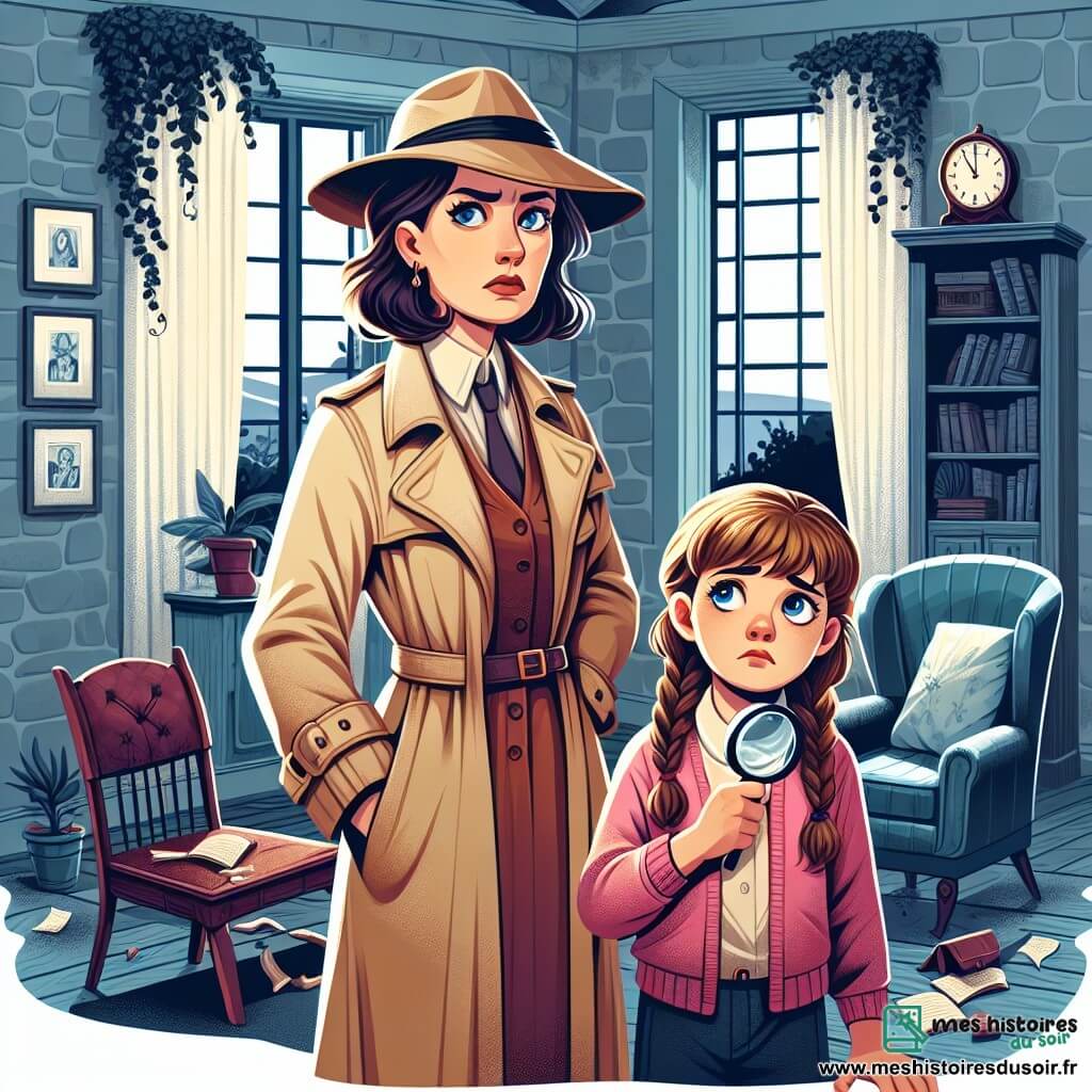 Léna Lefèvre, détective dans la trentaine, porte un trench-coat beige et un chapeau noir. Son visage déterminé, avec des yeux curieux, est concentré sur une chaise renversée qu'elle examine avec une loupe. À ses côtés, Lucie Morin, 12 ans, aux cheveux bruns tressés et portant un pull rose, exprime son inquiétude en regardant Léna avec espoir. Elles se trouvent dans une vieille maison mystérieuse, entourée de lierre, avec des murs en pierre grise et des meubles anciens. Léna examine la scène pendant que Lucie, anxieuse, lui explique la disparition de sa sœur Amandine, créant une atmosphère de mystère et d'aventure.