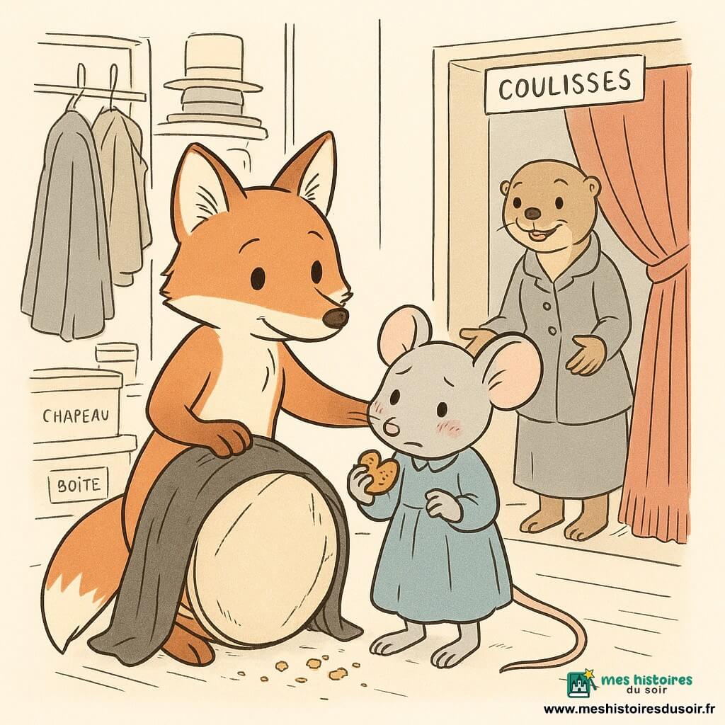 Roux, un renard debout sur ses pattes arrière, au visage doux et regard rassurant, tient une housse de tambour d’une patte et pose l’autre sur l’épaule d’une petite souris timide, Lili, joues pleines de miettes, tenant un biscuit à la cannelle; le tambour, partiellement couvert par une housse noire, est posé devant eux tandis qu’une traînée de miettes mène au bord droit de l’image; en arrière-plan, Madame Loutre en tailleur, agenouillée et souriante, ouvre les bras depuis la porte des coulisses, derrière laquelle se devinent la réserve de costumes, chapeaux et un grand rideau rouge; l’atmosphère est chaleureuse et calme, avec une composition centrée sur Roux et Lili, traits nets et détails texturés pour guider le regard.