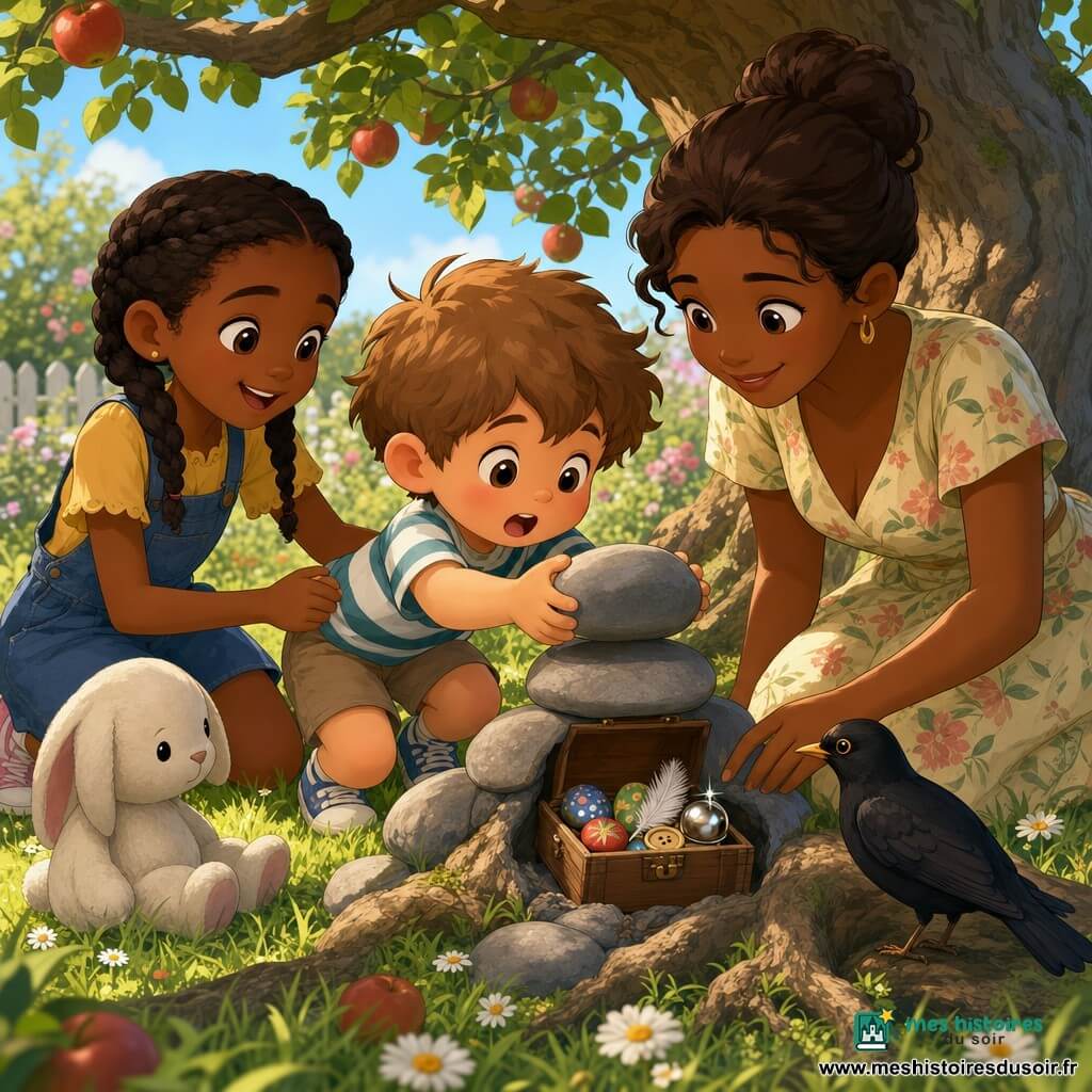Un garçon de 4 ans au visage rond soulève un petit caillou lisse, émerveillé ; sa mère, accroupie à côté, sourit et aide près d’un cairn tandis que sa grande sœur de 8 ans le soutient en lui tenant la main. Un merle observe perché sur une racine et le doudou lapin repose sur l’herbe ; le jardin ensoleillé au pied d’un vieux pommier, herbe et marguerites, révèle sous le dernier caillou une petite boîte en bois contenant des cailloux peints multicolores, une plume blanche, un bouton brillant et une petite clochette argentée.