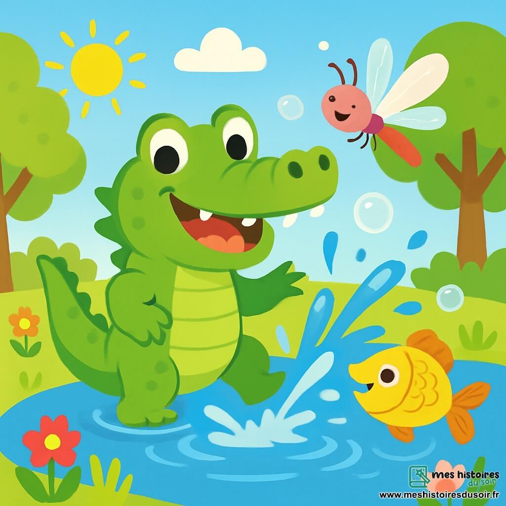 Coco, un crocodile joyeux à la peau verte brillante et aux yeux malicieux, se tient au bord d'un étang en souriant. Il éclabousse l'eau avec sa grande queue, tandis que Lulu la libellule, colorée et scintillante, vole en cercles en riant et en l'encourageant. Max le poisson, aux écailles dorées, nage joyeusement, créant des éclaboussures. L'étang est entouré de fleurs colorées et de grands arbres sous un ciel bleu, baigné de soleil. La scène montre Coco jouant avec ses amis, éclaboussant et riant, avec des bulles de savon flottant autour d'eux, ajoutant une touche magique à ce moment de bonheur partagé.