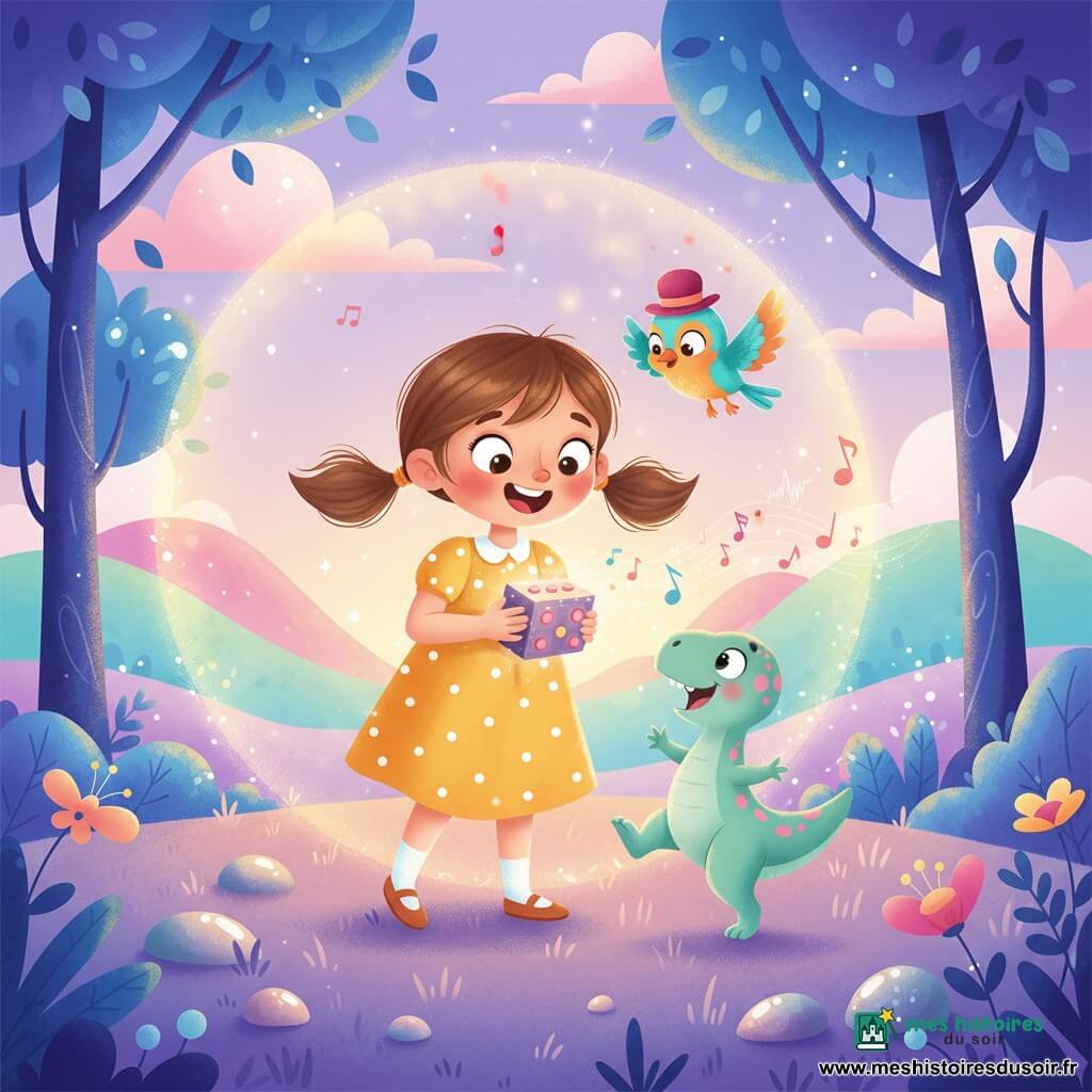 Lina, fille de 4 ans aux couettes brunes et robe jaune à pois blancs, tient une petite boîte brillante aux boutons rouges; Pip, oiseau-guide turquoise et orange coiffé d'un chapeau melon rouge, vole au-dessus de son épaule tandis qu'un petit dinosaure juvénile vert pastel à taches roses danse à côté; autour d'eux, arbres bleu profond à feuilles translucides, fleurs multicolores émettant des ondes musicales, herbe violette et pierres nacrées reflétantes, collines pastel au loin et ciel lavande strié de nuages roses; Lina vient d'appuyer sur le bouton, la machine à voyager s'illumine et une aura ronde les enveloppe, ambiance magique, chaleureuse et en mouvement, style visuel aux couleurs saturées mais douces, dégradés lisses, ombres subtiles et textures en mesh enfantines.