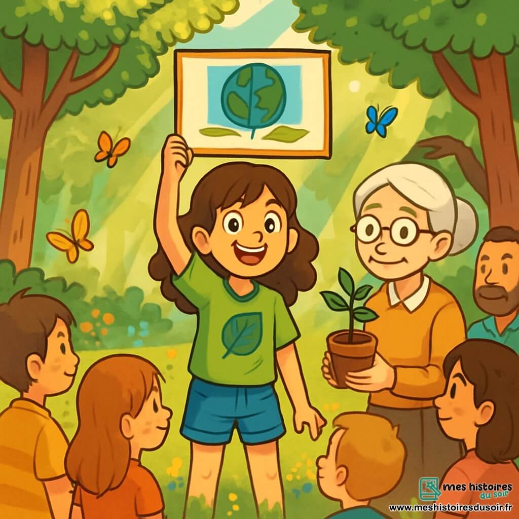 Lina, une fille de 12 ans aux cheveux bruns ondulés et aux yeux curieux, se tient au centre d'une clairière avec un large sourire. Elle porte un t-shirt vert vif et un short en jean, tenant une pancarte "Agissons pour la planète !". À ses côtés, sa grand-mère, avec des cheveux argentés et des lunettes rondes, sourit en tenant une petite plante en pot. La clairière est entourée d'arbres majestueux et de fleurs sauvages, tandis que des papillons volent autour d'eux. Lina et sa grand-mère participent à un événement de sensibilisation sur le changement climatique, rassemblant les enfants et les adultes du village.