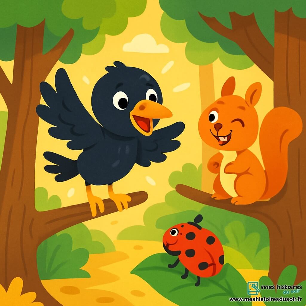 Un petit corbeau noir aux plumes brillantes et aux yeux curieux est perché sur une branche d'arbre. Il bat des ailes avec enthousiasme, souriant joyeusement. À côté, un écureuil roux l'observe en riant. En bas, une coccinelle rouge grimpe sur une feuille verte, regardant le corbeau avec bienveillance. La scène se déroule dans une forêt enchantée, où des arbres majestueux se dressent et des rayons de soleil illuminent le sol. Le corbeau, plein d'énergie, essaie de voler plus haut, encouragé par ses amis dans une atmosphère joyeuse.