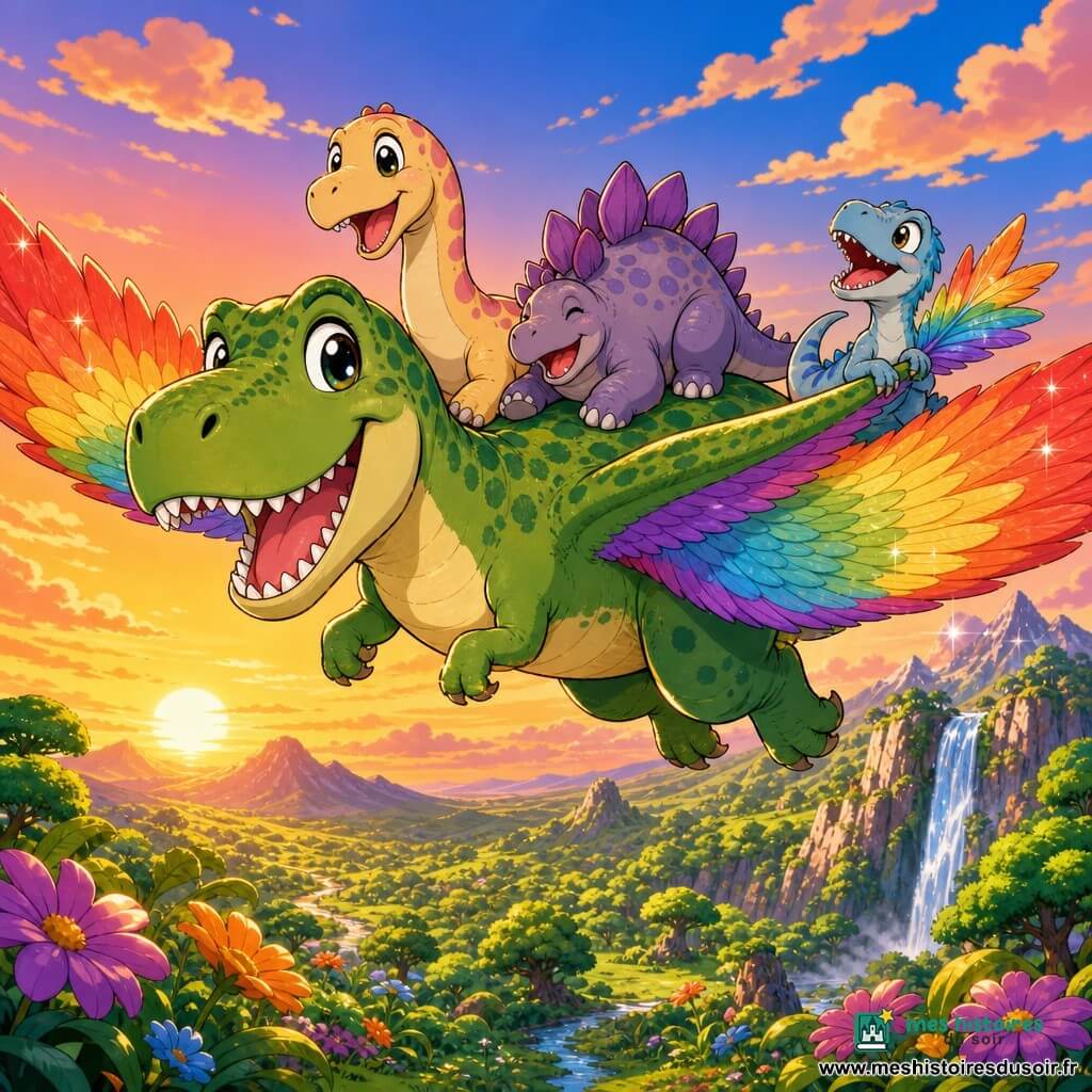 Téo, un grand Tyrannosaure Rex rond et joyeux aux yeux brillants, peau verte tachetée et immenses ailes arc‑en‑ciel, vole au‑dessus d'une vallée luxuriante au coucher du soleil ; sur son dos rient un diplodocus au long cou beige à taches roses, un stégosaure aux plaques violettes assis calmement et un petit vélociraptor bleu accroché à sa queue, le tout dans un style manga enfantin aux couleurs chaudes et contours nets.