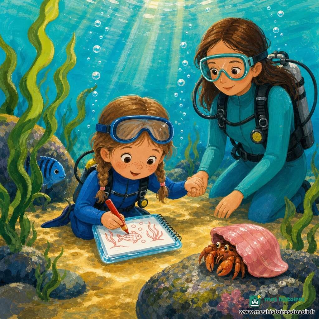 Fille de 4 ans, joyeuse et curieuse, visage rond tacheté de rousseur, cheveux châtain clair en deux petites nattes, en combinaison de plongée bleue, tient un carnet étanche et dessine une carte au gros crayon rouge sous l'eau; femme d'environ 32 ans, calme et bienveillante, cheveux bruns lâchés, en combinaison turquoise, tient doucement la main de la fillette, légèrement en retrait; petit poisson bleu rayé près d'un rocher à gauche, partiellement caché par de longues algues vertes; coquillage rose brillant avec un petit bernard-l'ermite posé sur un rocher rugueux au premier plan; décor : fond marin peu profond à eau turquoise claire, rayons de soleil, sable doré, rochers ronds couverts d'algues et bulles remontant à la surface; scène d'exploration tranquille et joyeuse, la fillette cartographie les cachettes des animaux marins pendant que la mère la protège, ambiance douce, couleurs vives, textures de peinture visibles et coups de pinceau épais avec contrastes chaleureux.