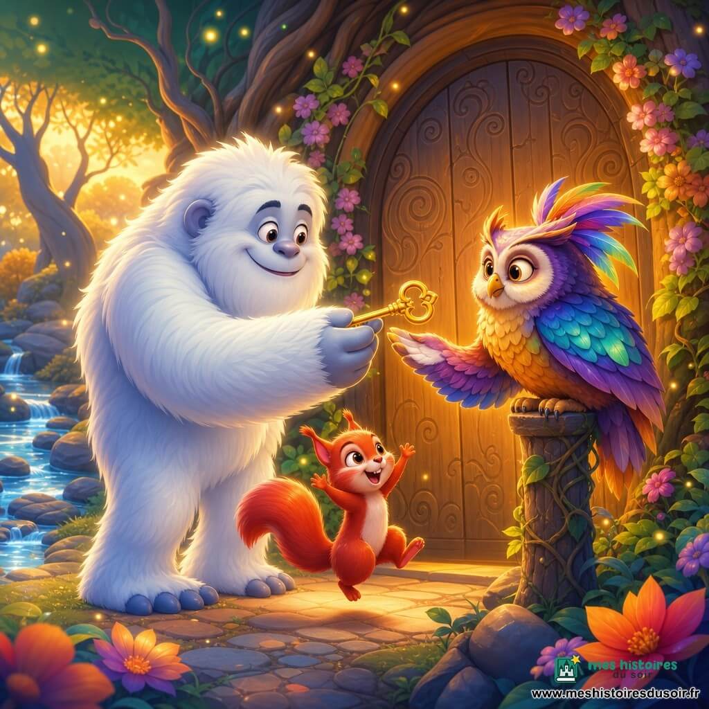 Un grand Yéti blanc au pelage doux, yeux ronds et sourire bienveillant tend une clé dorée brillante à un vieux hibou gardien aux plumes irisées, posé sur un poteau devant la porte sculptée du Jardin des Créatures ; un petit écureuil roux joyeux exulte à leurs pieds, la porte est entourée de lianes et de fleurs lumineuses au bord d'une rivière scintillante, arbres aux troncs torsadés et lucioles, atmosphère magique avec une lumière douce de fin d'après-midi et couleurs chaudes et contrastées.