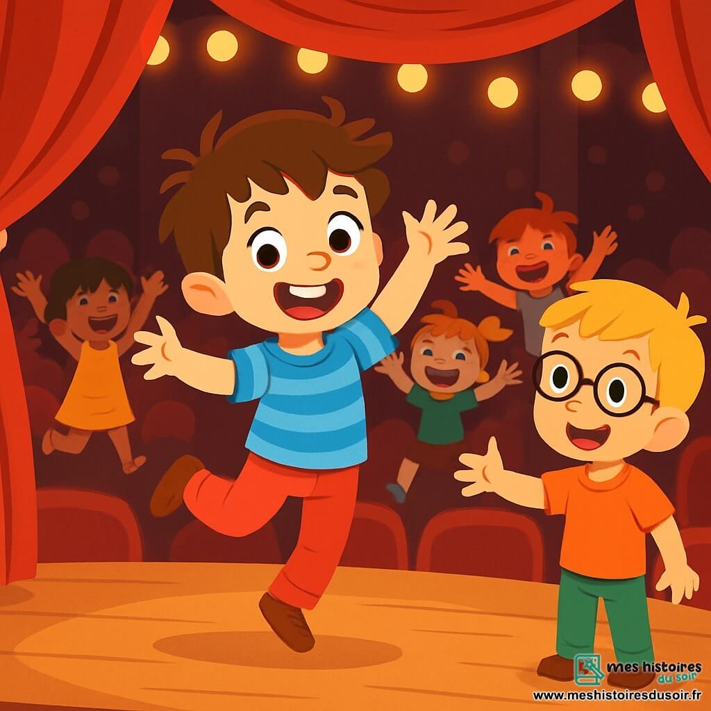 Un garçon de 6 ans, Jules, est au centre de la scène du théâtre, souriant et dansant avec enthousiasme. Il porte une chemise bleue à rayures et un pantalon rouge. À ses côtés, son ami Léo, également âgé de 6 ans, l'encourage avec un sourire, prêt à le rejoindre. En arrière-plan, d'autres enfants de 6 ans sautent et rient, créant une ambiance festive. Le théâtre est vibrant avec des rideaux rouges, des sièges en velours et des lumières scintillantes. Jules, malgré son trac, improvise une danse, transformant son hésitation en un moment de bonheur partagé avec ses camarades.