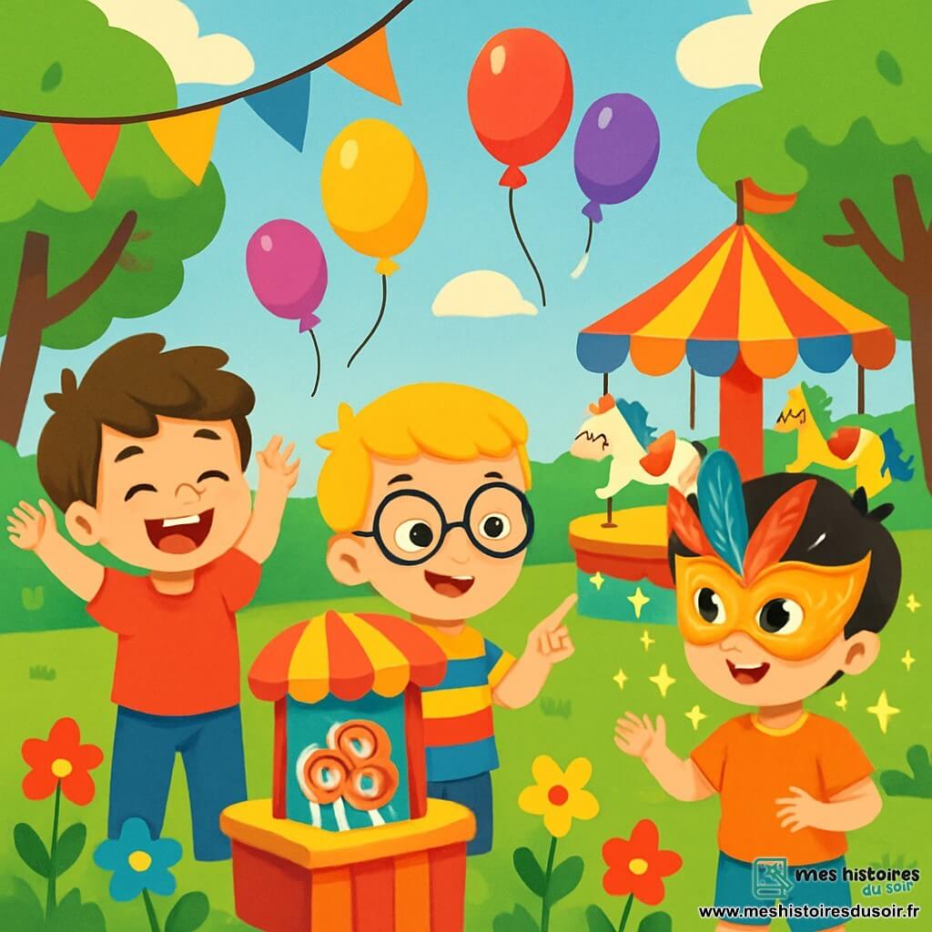 Trois personnages se trouvent dans un jardin public coloré : Léo, un garçon de 8 ans avec des cheveux bruns et un t-shirt rouge, sourit les bras levés ; Max, 7 ans, avec des cheveux blonds et des lunettes rondes, porte une chemise à rayures et pointe un stand de bonbons ; Tom, 8 ans, a des cheveux noirs et un short bleu, et porte un masque doré orné de plumes, émerveillé par la magie. Le jardin est décoré de guirlandes scintillantes, de ballons, d'arbres aux feuilles brillantes et d'un carrousel coloré. Les trois amis découvrent le jardin enchanté du carnaval, entourés de bonbons scintillants et de rires.