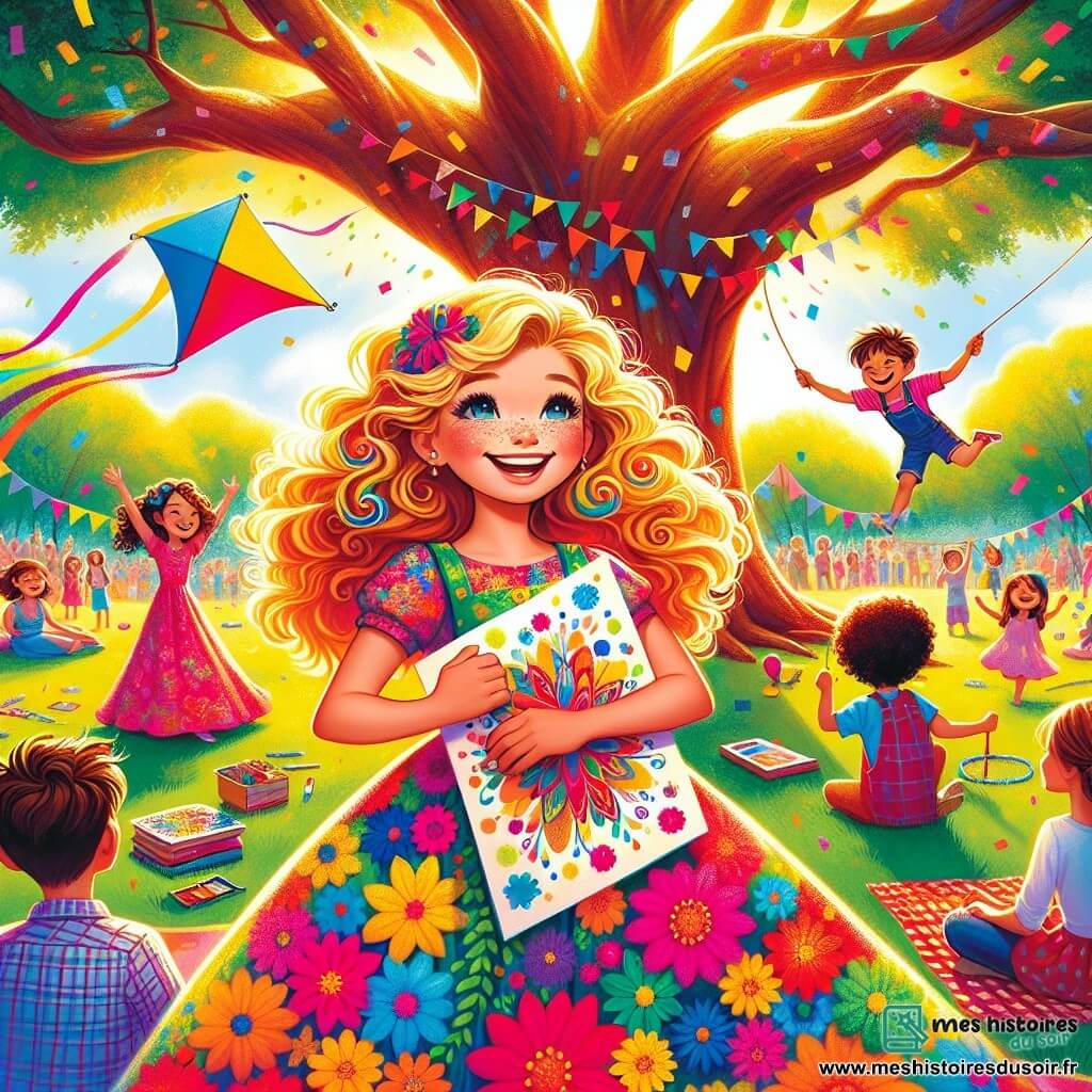 Clara, une fille de 8 ans aux cheveux bouclés et dorés, se tient sous un grand chêne, rayonnante de joie. Elle porte une robe à fleurs colorées et tient une affiche dessinée à la main. À côté d'elle, Hugo, un garçon aux cheveux bruns en bataille, fait voler son cerf-volant multicolore, tandis que Léa, une autre fille, saute à la corde avec agilité. Le parc est vibrant de couleurs, rempli de rires d'enfants et de parents admirant le spectacle. Clara et ses amis préparent leur spectacle, créant une atmosphère de camaraderie et de joie.